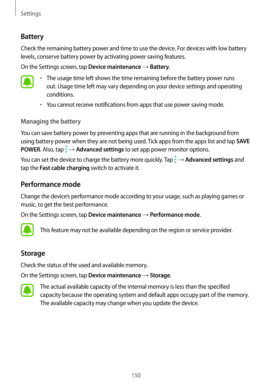 Samsung SM-G928FZKEORO, SM-G925FZKADBT, SM-G925FZWEDBT manual Battery, Performance mode, Storage, Managing the battery 