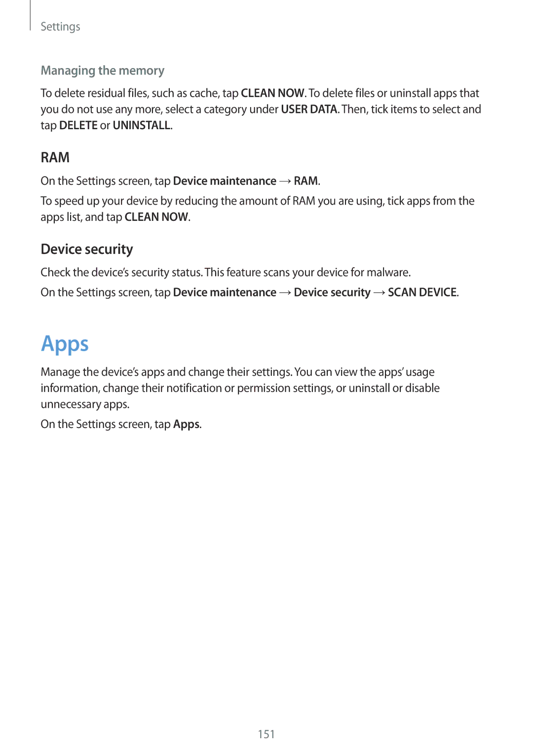 Samsung SM-G928FZKEAUT, SM-G925FZKADBT, SM-G925FZWEDBT, SM-G928FZKADBT manual Apps, Device security, Managing the memory 