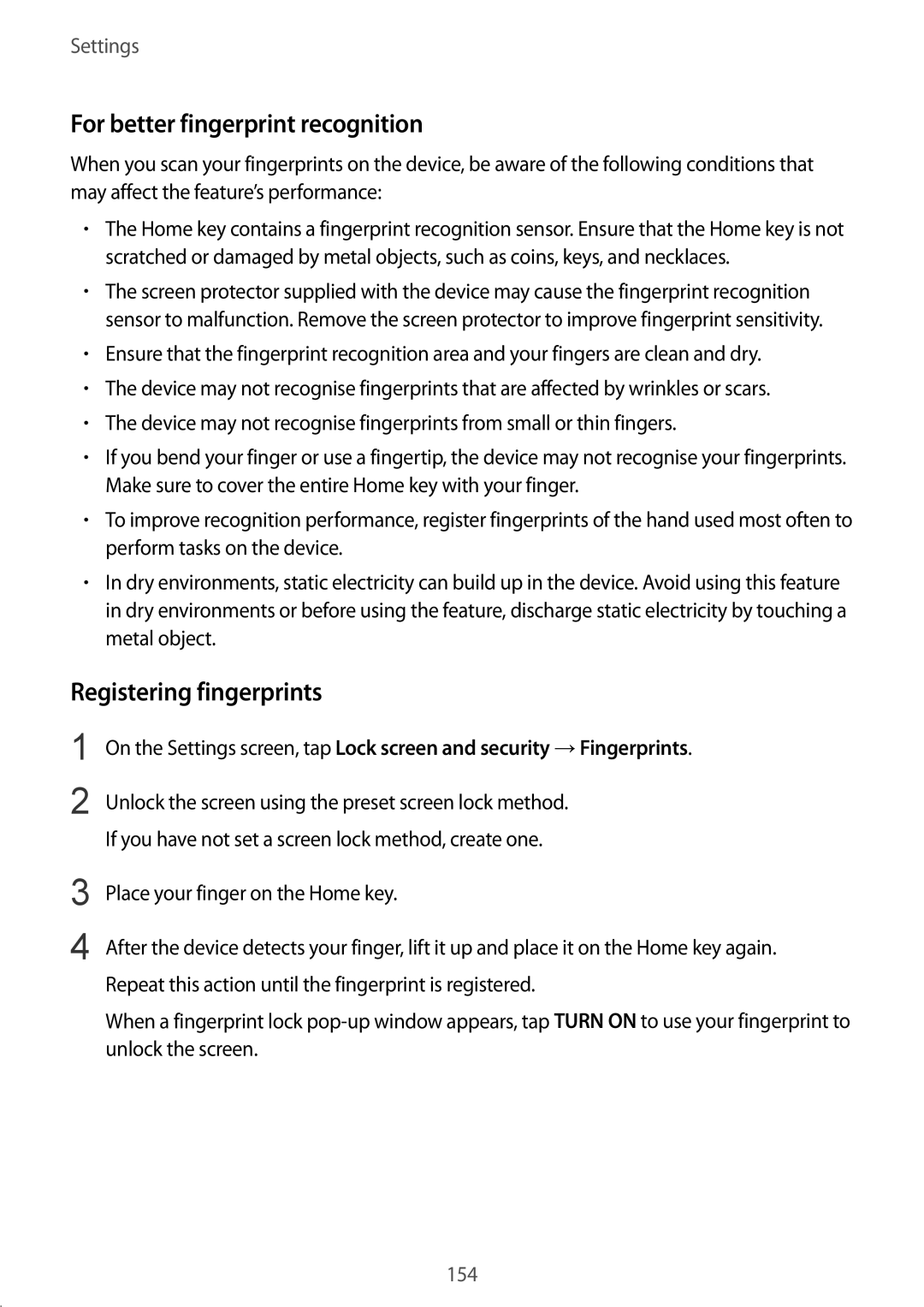 Samsung SM-G925FZWANEE, SM-G925FZKADBT, SM-G925FZWEDBT manual For better fingerprint recognition, Registering fingerprints 