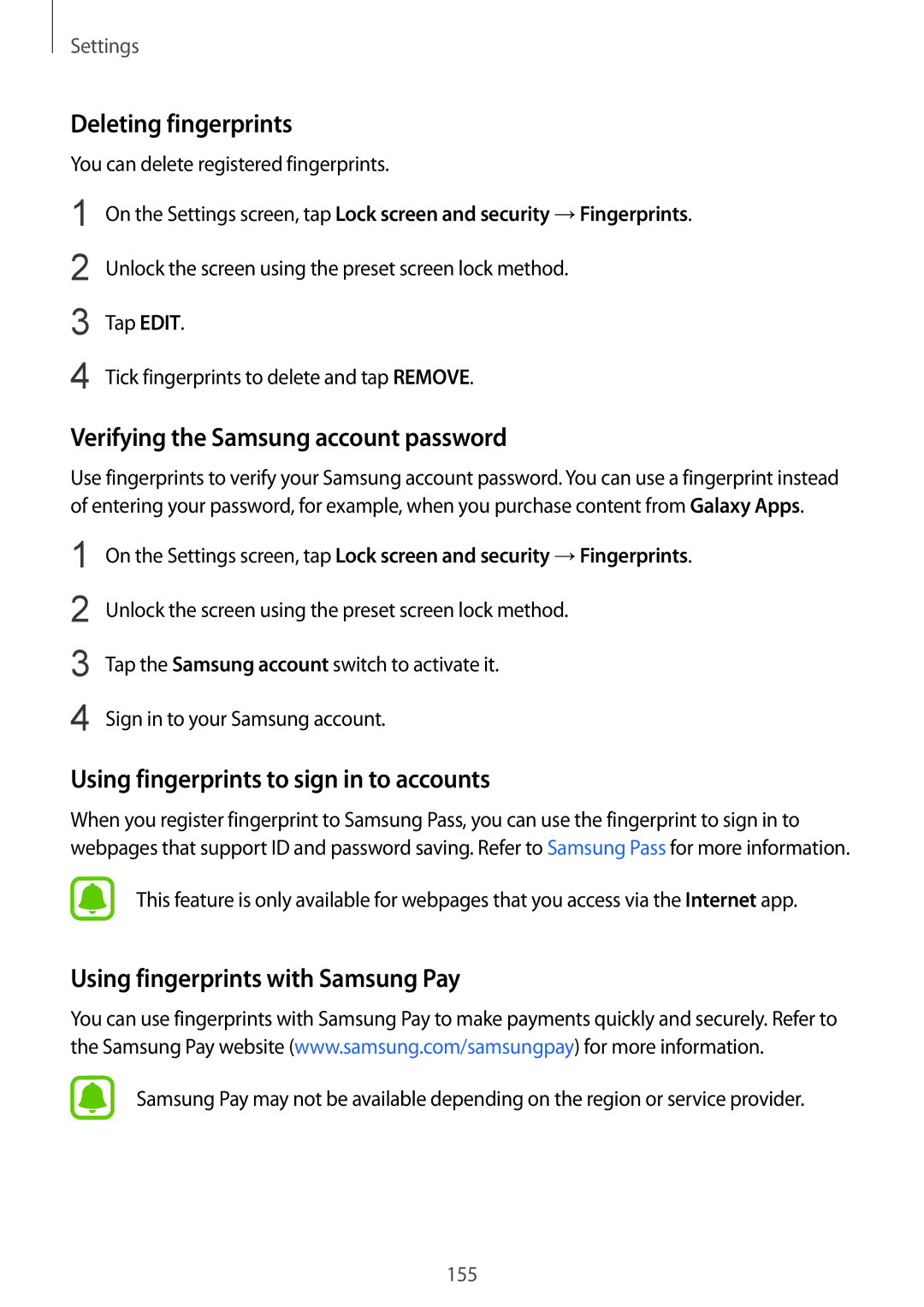 Samsung SM-G928FZSANEE Deleting fingerprints, Verifying the Samsung account password, Using fingerprints with Samsung Pay 