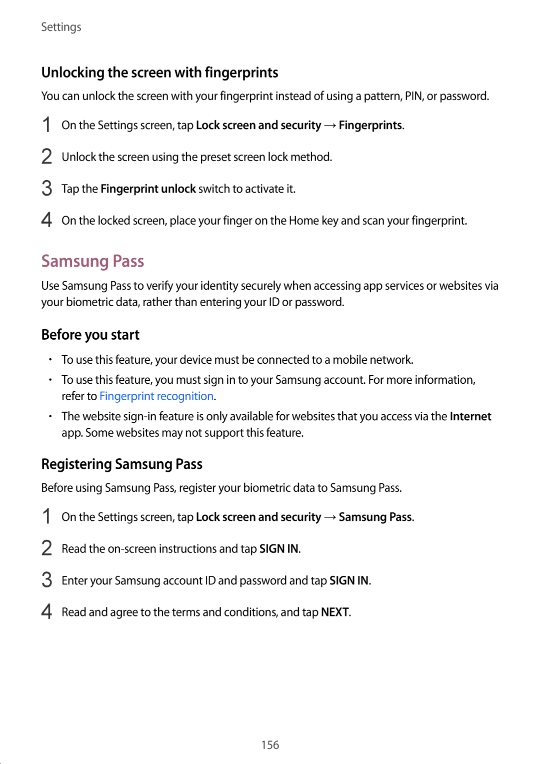 Samsung SM-G925FZWENEE, SM-G925FZKADBT, SM-G925FZWEDBT Unlocking the screen with fingerprints, Registering Samsung Pass 