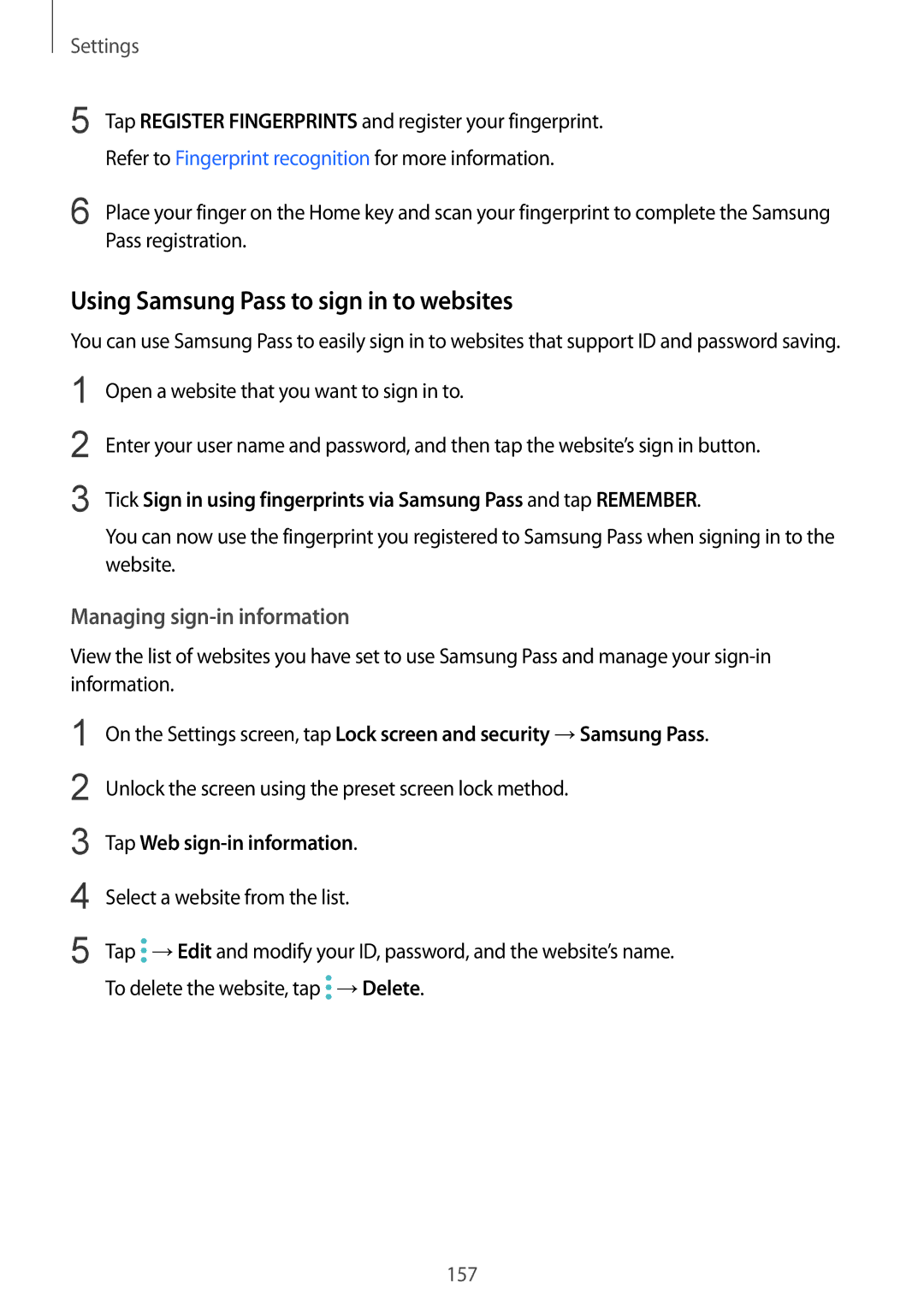 Samsung SM-G925FZWFNEE, SM-G925FZKADBT manual Using Samsung Pass to sign in to websites, Managing sign-in information 