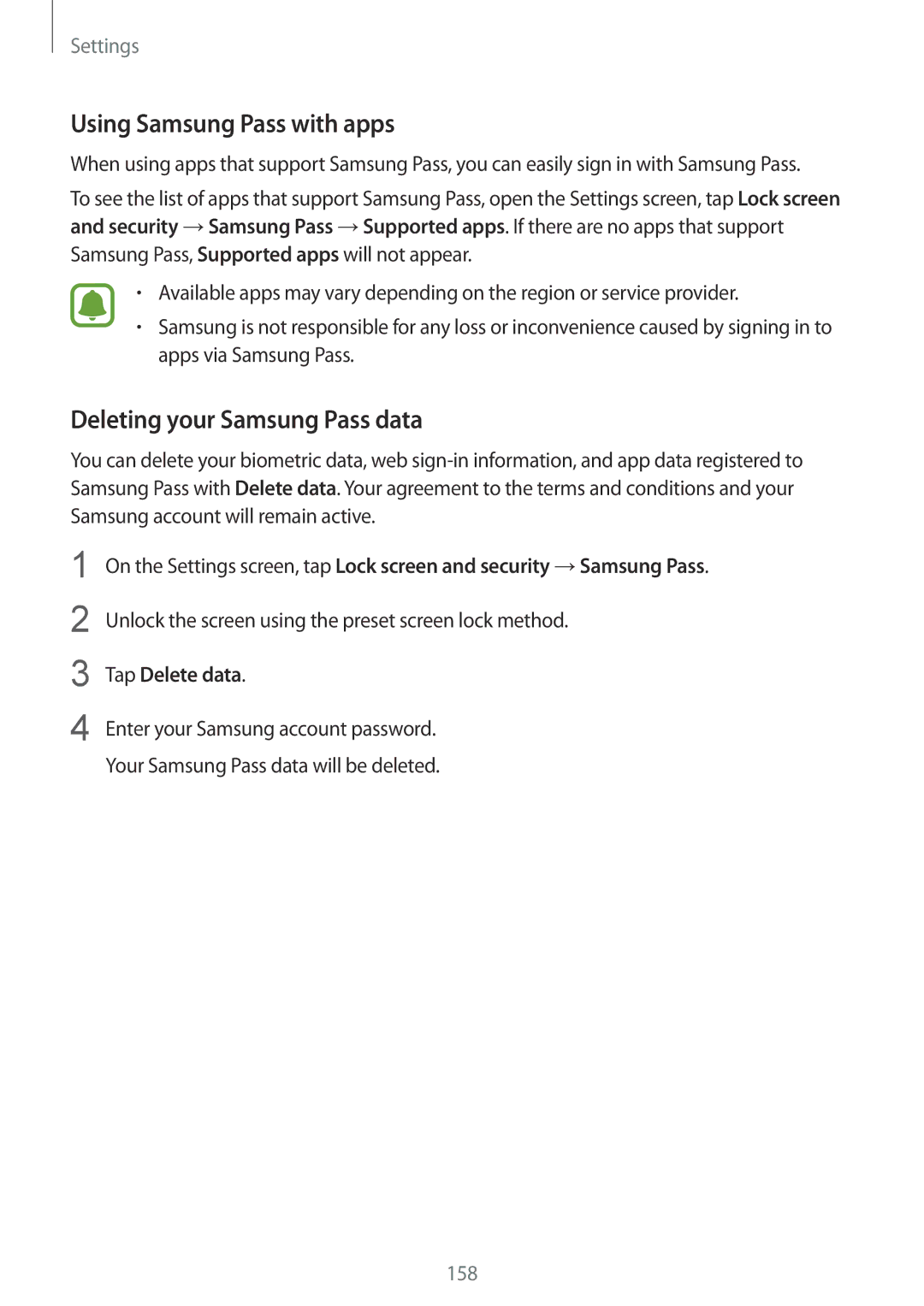 Samsung SM-G925FZDANEE, SM-G925FZKADBT manual Using Samsung Pass with apps, Deleting your Samsung Pass data, Tap Delete data 