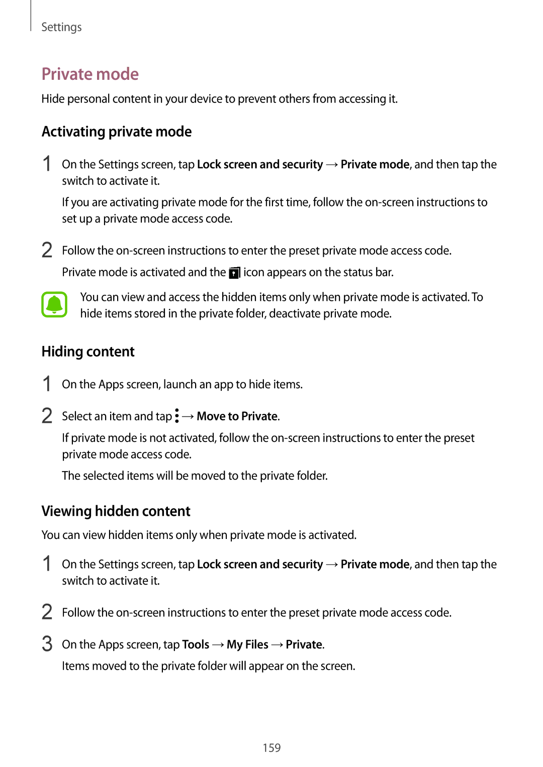 Samsung SM-G928FZDANEE, SM-G925FZKADBT manual Private mode, Activating private mode, Hiding content, Viewing hidden content 