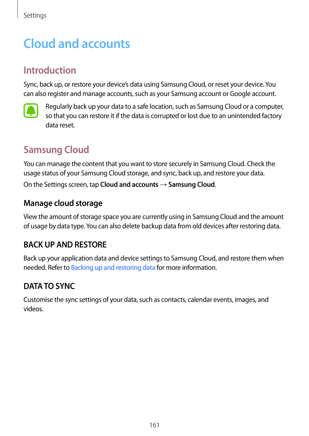 Samsung SM-G925FZKANEE, SM-G925FZKADBT, SM-G925FZWEDBT manual Cloud and accounts, Samsung Cloud, Manage cloud storage 