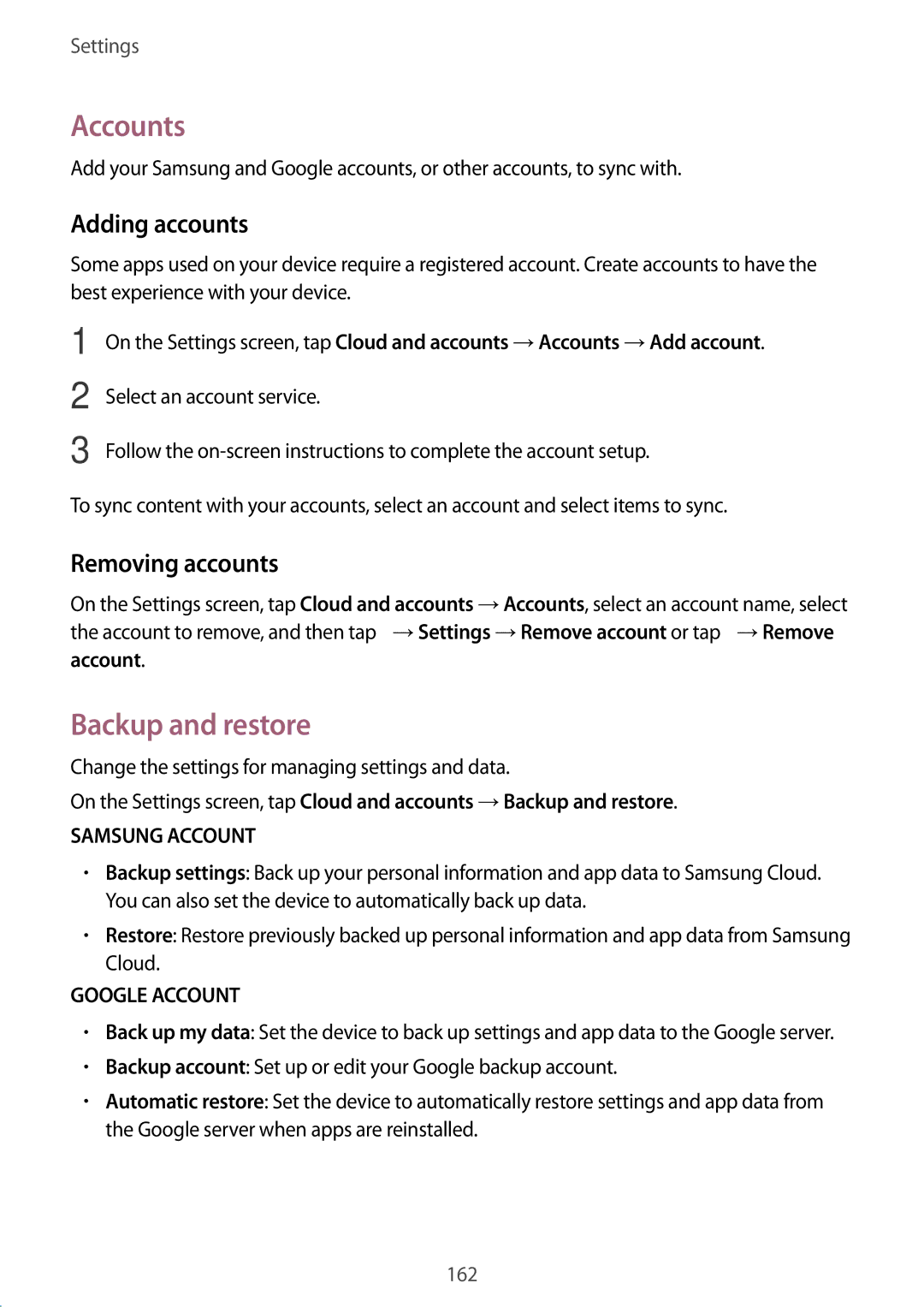 Samsung SM-G928FZKASEB, SM-G925FZKADBT, SM-G925FZWEDBT Accounts, Backup and restore, Adding accounts, Removing accounts 