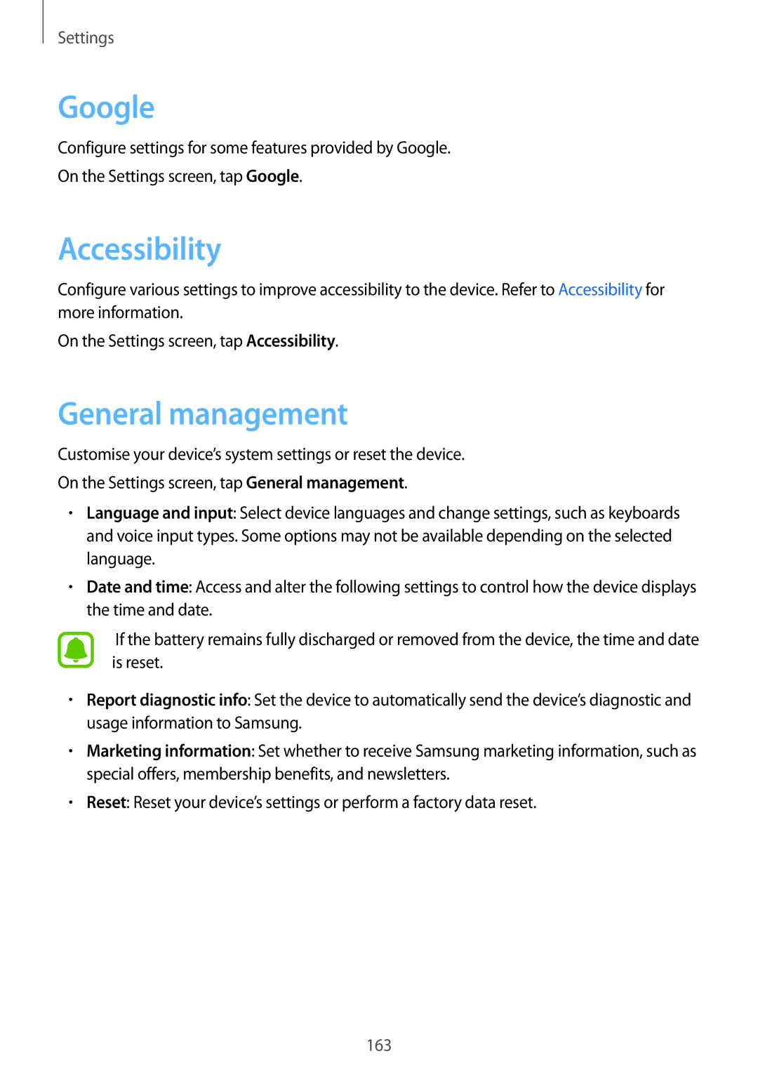 Samsung SM-G928FZDASEB, SM-G925FZKADBT, SM-G925FZWEDBT, SM-G928FZKADBT manual Google, Accessibility, General management 