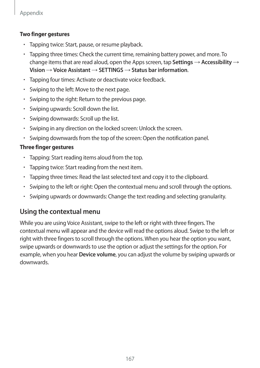 Samsung SM-G925FZKASEB, SM-G925FZKADBT manual Using the contextual menu, Two finger gestures, Three finger gestures 