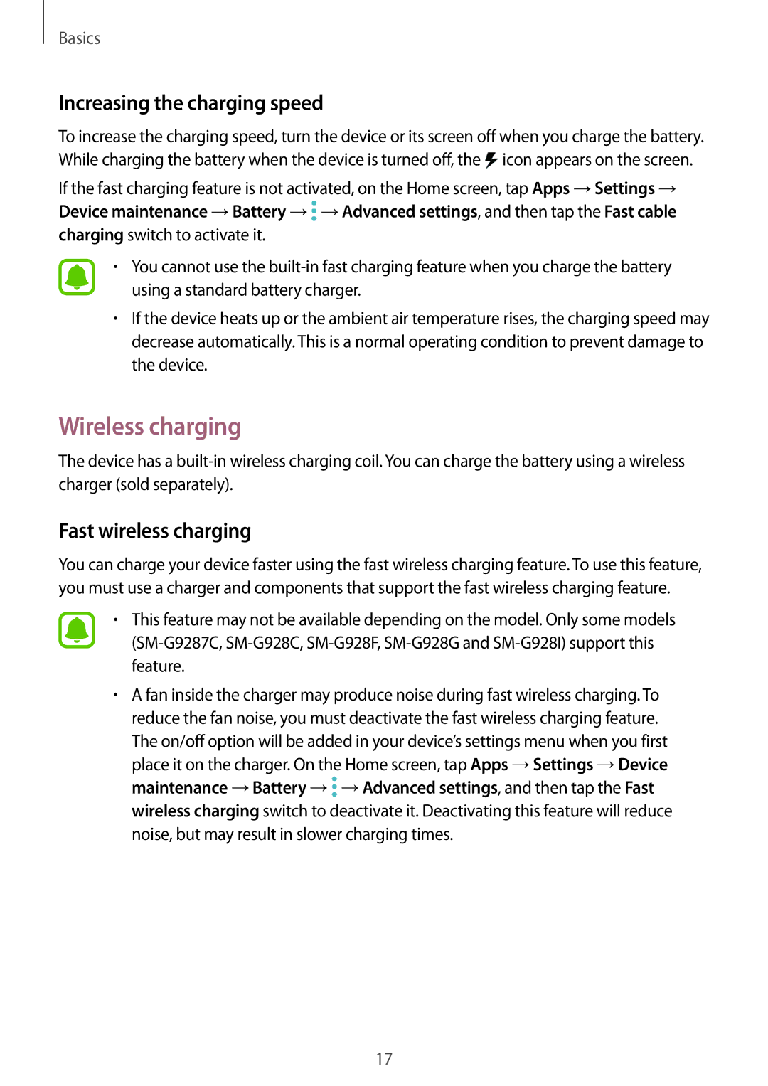 Samsung SM-G925FZDEXEF, SM-G925FZKADBT manual Wireless charging, Increasing the charging speed, Fast wireless charging 