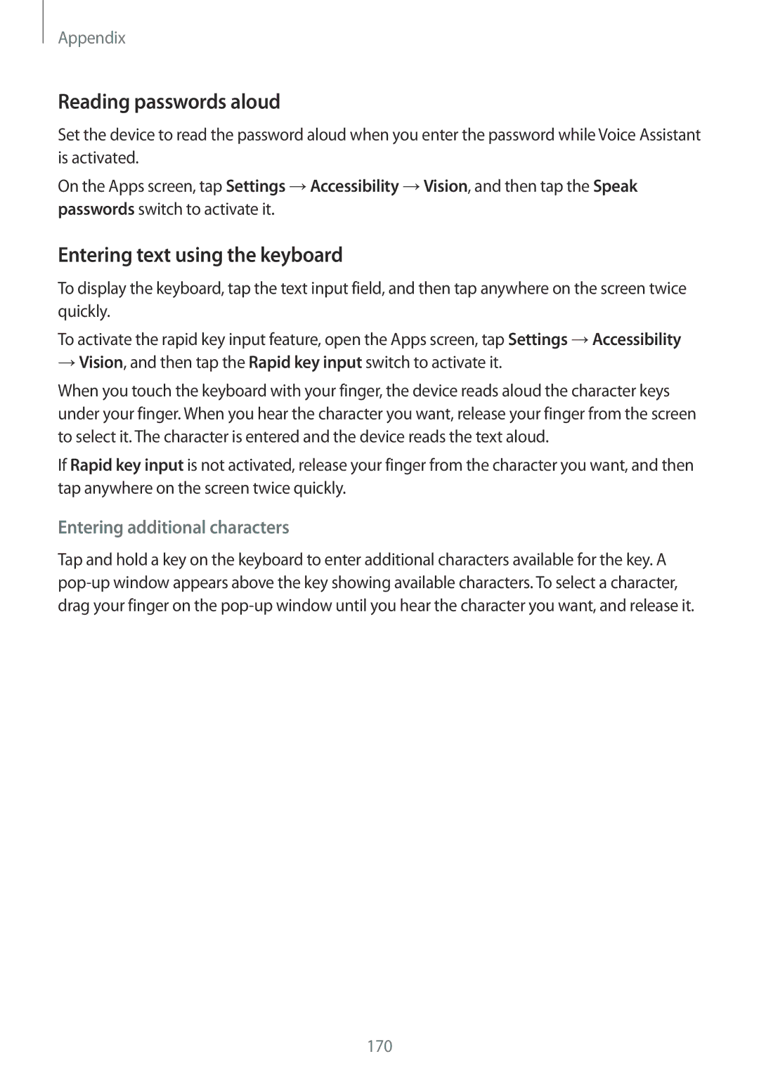 Samsung SM-G925FZDACOS manual Reading passwords aloud, Entering text using the keyboard, Entering additional characters 