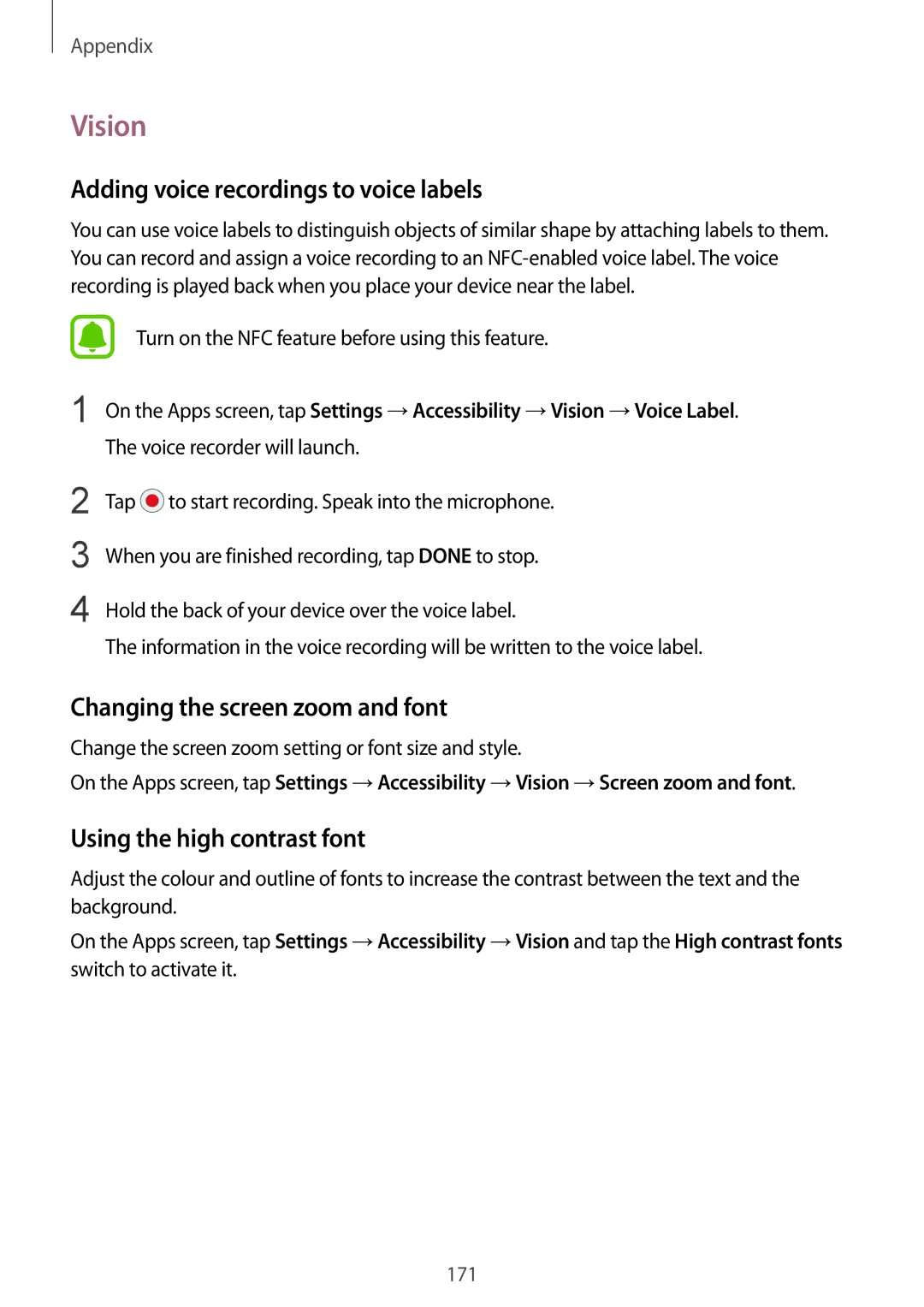 Samsung SM-G925FZWFEUR, SM-G925FZKADBT Vision, Adding voice recordings to voice labels, Changing the screen zoom and font 