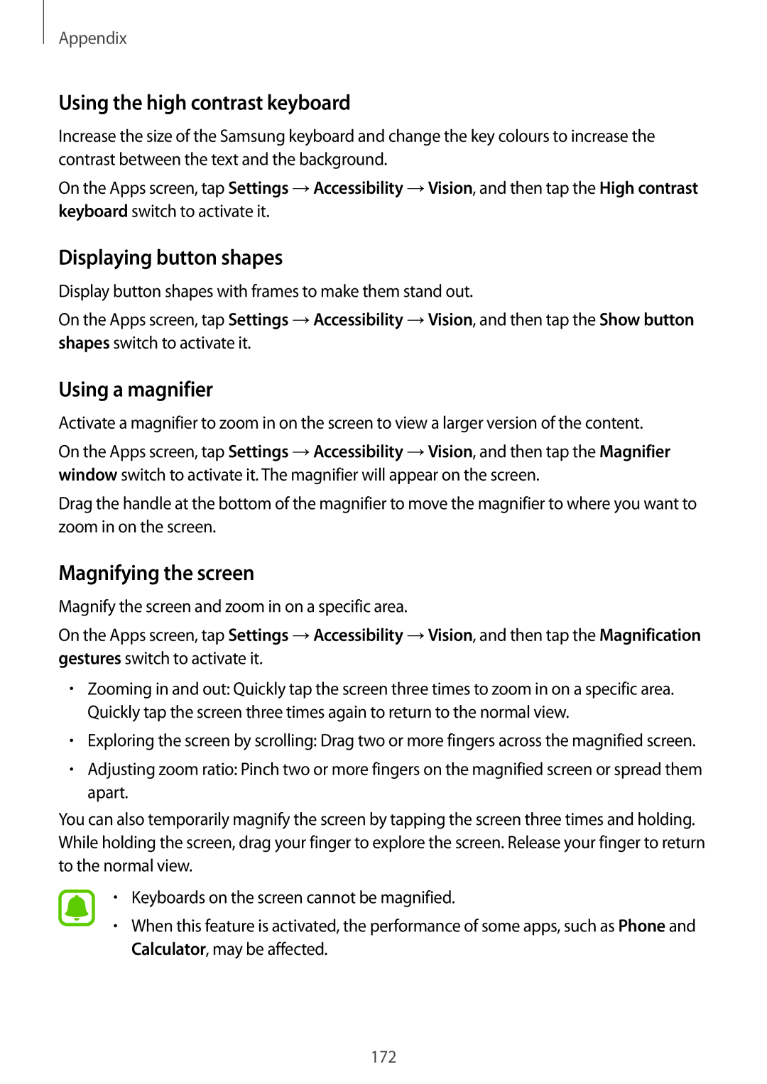 Samsung SM-G925FZKACYV, SM-G925FZKADBT manual Using the high contrast keyboard, Displaying button shapes, Using a magnifier 