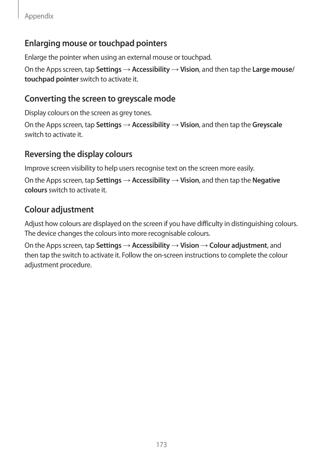 Samsung SM-G925FZKACOS Enlarging mouse or touchpad pointers, Converting the screen to greyscale mode, Colour adjustment 