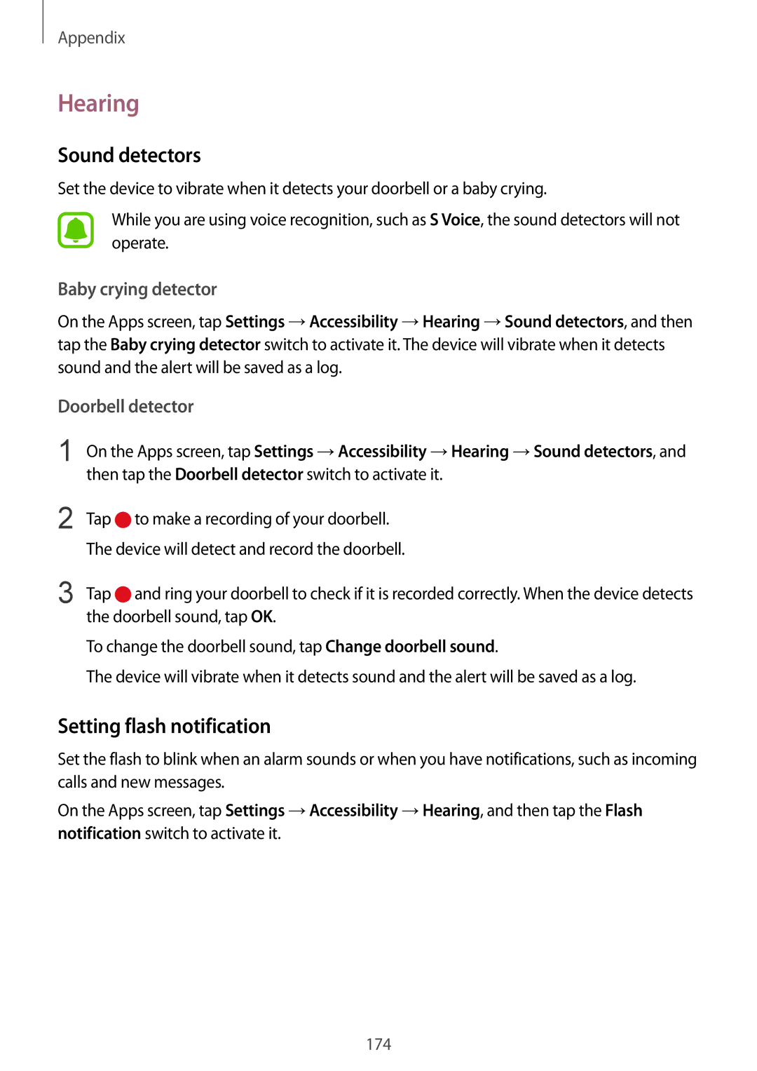 Samsung SM-G925FZDECOS manual Hearing, Sound detectors, Setting flash notification, Baby crying detector, Doorbell detector 