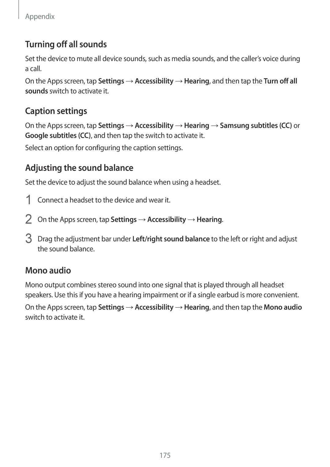 Samsung SM-G925FZDAEUR, SM-G925FZKADBT Turning off all sounds, Caption settings, Adjusting the sound balance, Mono audio 