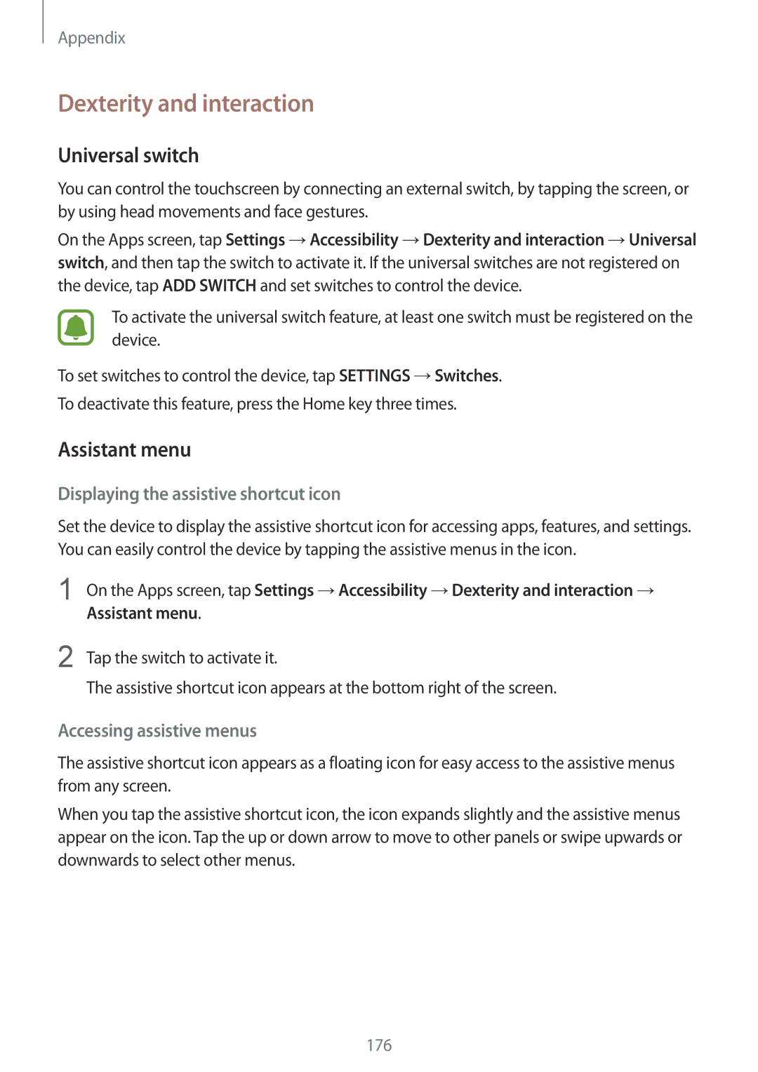 Samsung SM-G925FZKEVGR Dexterity and interaction, Universal switch, Assistant menu, Displaying the assistive shortcut icon 