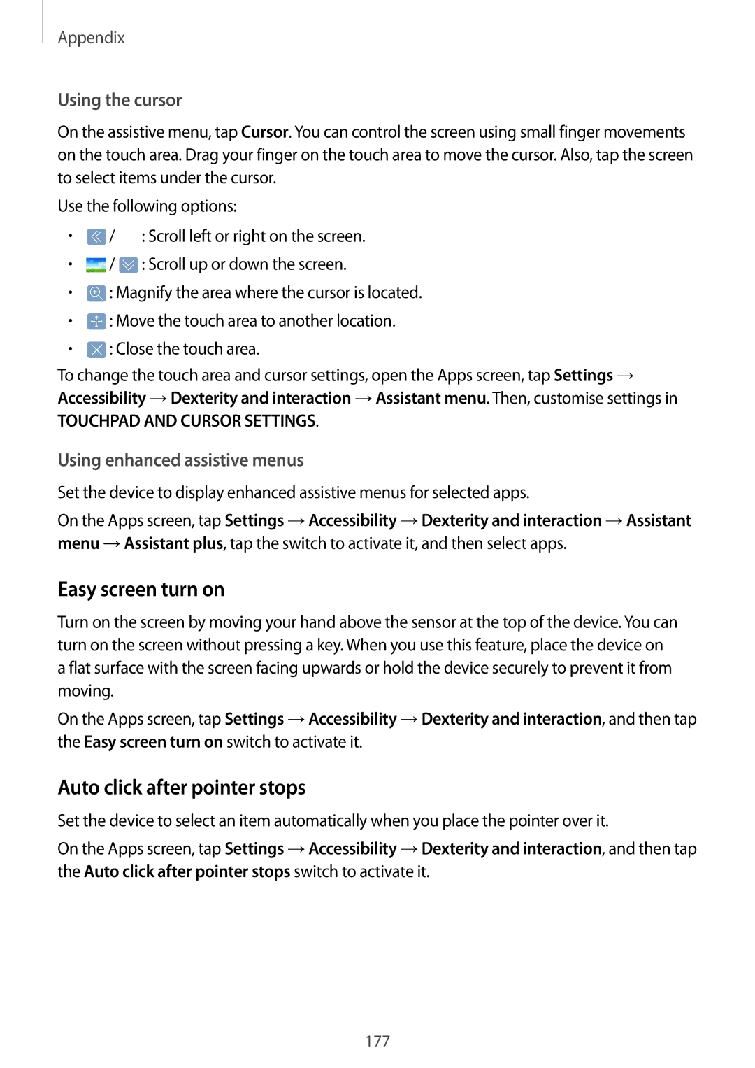 Samsung SM-G925FZKEEUR, SM-G925FZKADBT manual Easy screen turn on, Auto click after pointer stops, Using the cursor 