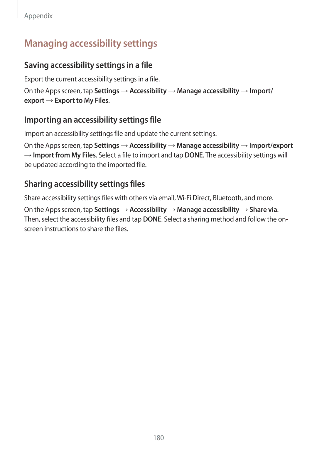 Samsung SM-G925FZDEVGR, SM-G925FZKADBT manual Managing accessibility settings, Saving accessibility settings in a file 