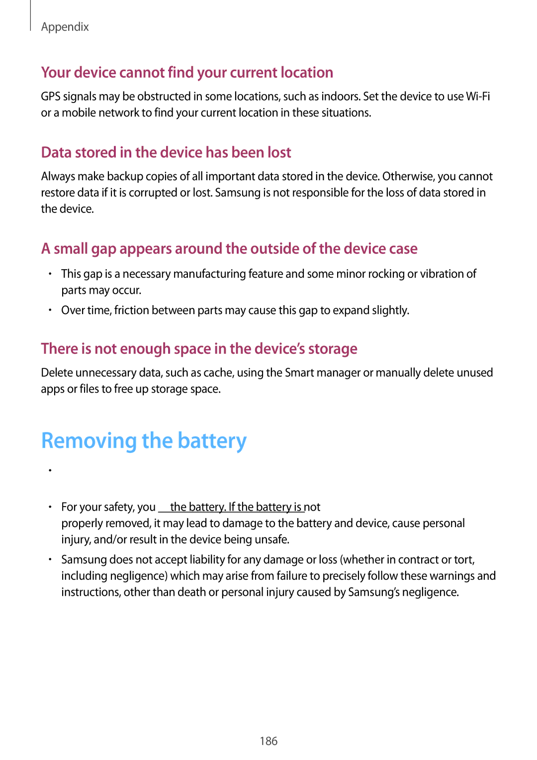 Samsung SM-G925FZWEEUR, SM-G925FZKADBT, SM-G925FZWEDBT Removing the battery, Your device cannot find your current location 