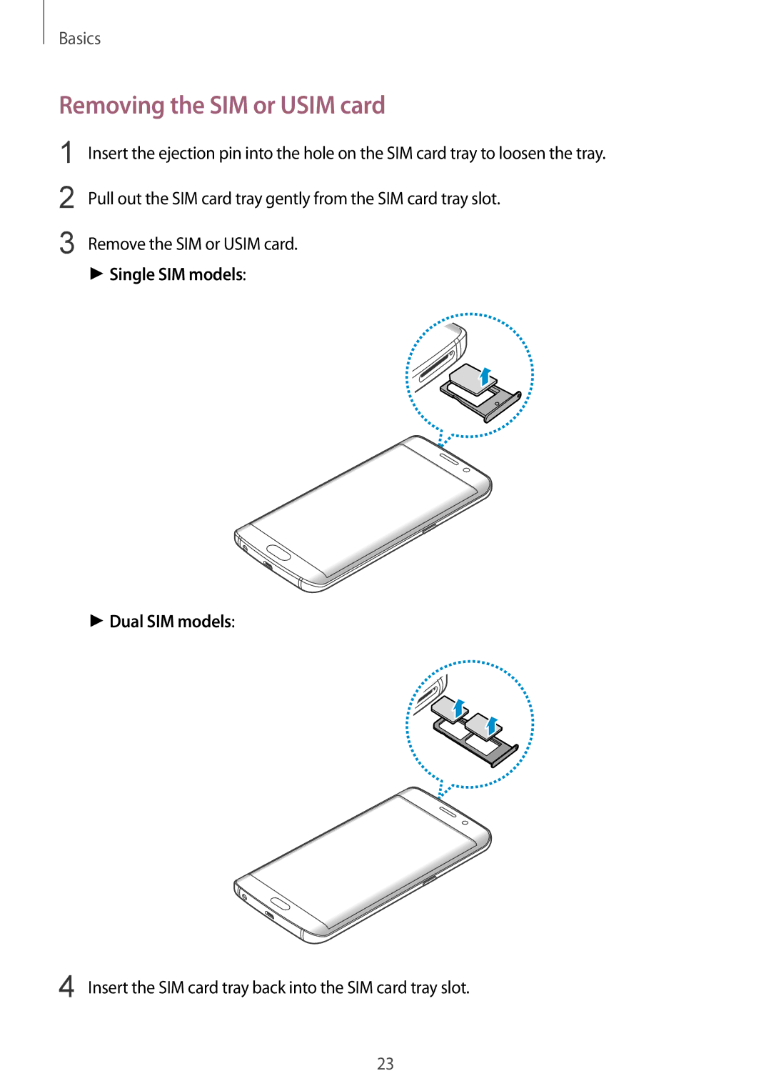 Samsung SM-G925FZKAXEF, SM-G925FZKADBT, SM-G925FZWEDBT Removing the SIM or Usim card, Single SIM models Dual SIM models 