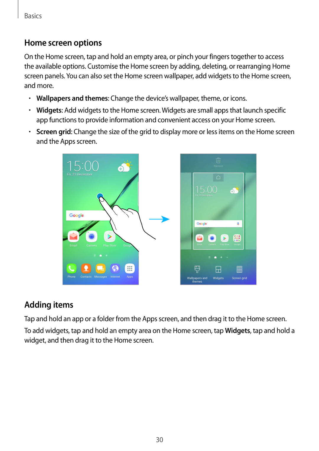 Samsung SM-G928FZKEITV, SM-G925FZKADBT, SM-G925FZWEDBT, SM-G928FZKADBT, SM-G925FZDEDBT manual Home screen options, Adding items 