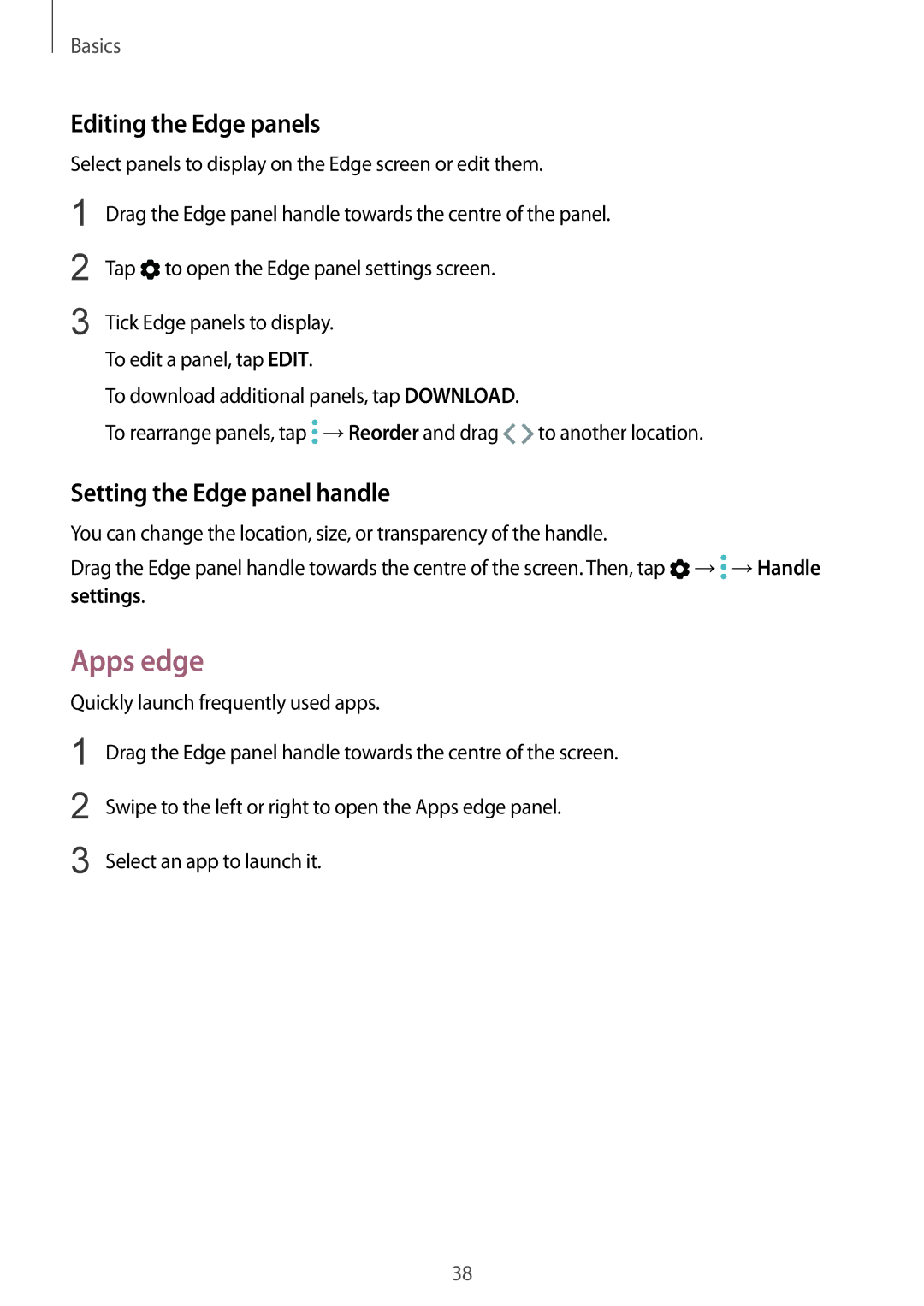 Samsung SM-G925FZWAPHE, SM-G925FZKADBT manual Apps edge, Editing the Edge panels, Setting the Edge panel handle, Settings 