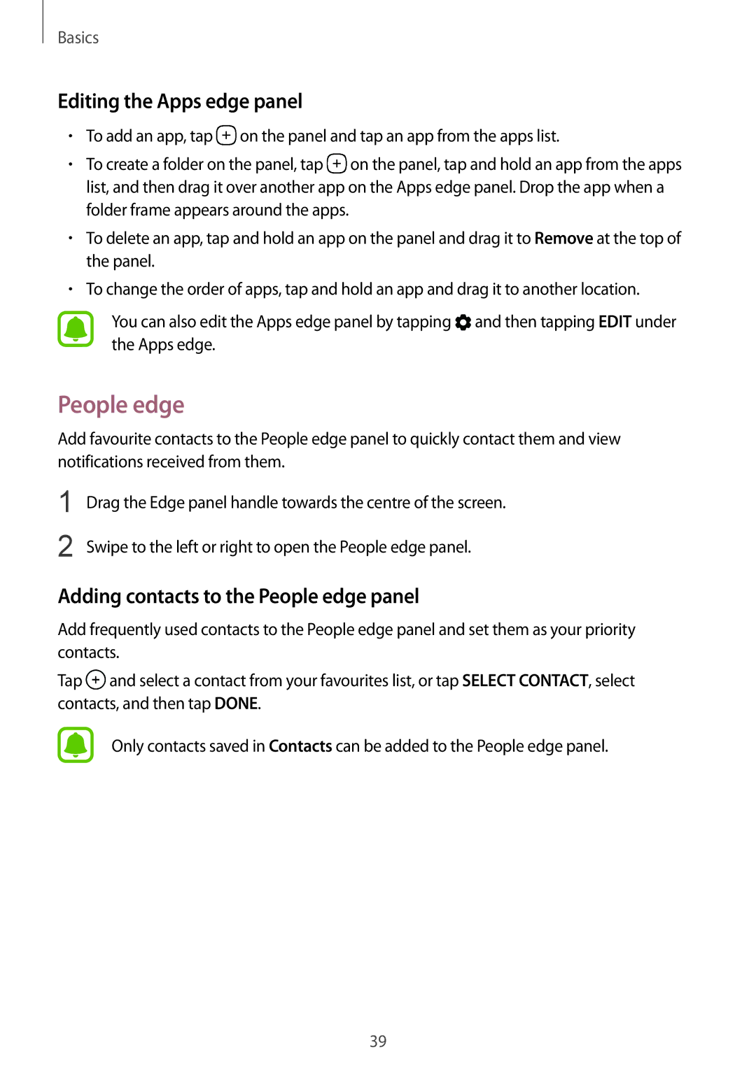 Samsung SM-G925FZGEPHE, SM-G925FZKADBT manual Editing the Apps edge panel, Adding contacts to the People edge panel 