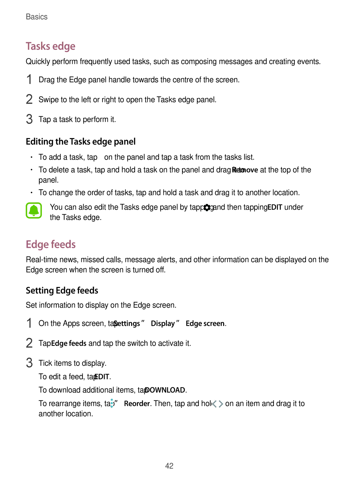 Samsung SM-G928FZKEPHE, SM-G925FZKADBT, SM-G925FZWEDBT manual Editing the Tasks edge panel, Setting Edge feeds 