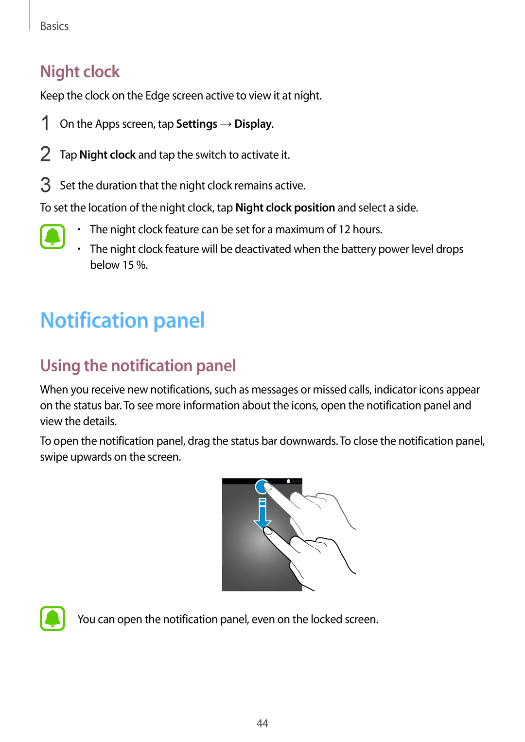 Samsung SM-G925FZWFPHE, SM-G925FZKADBT, SM-G925FZWEDBT manual Notification panel, Night clock, Using the notification panel 