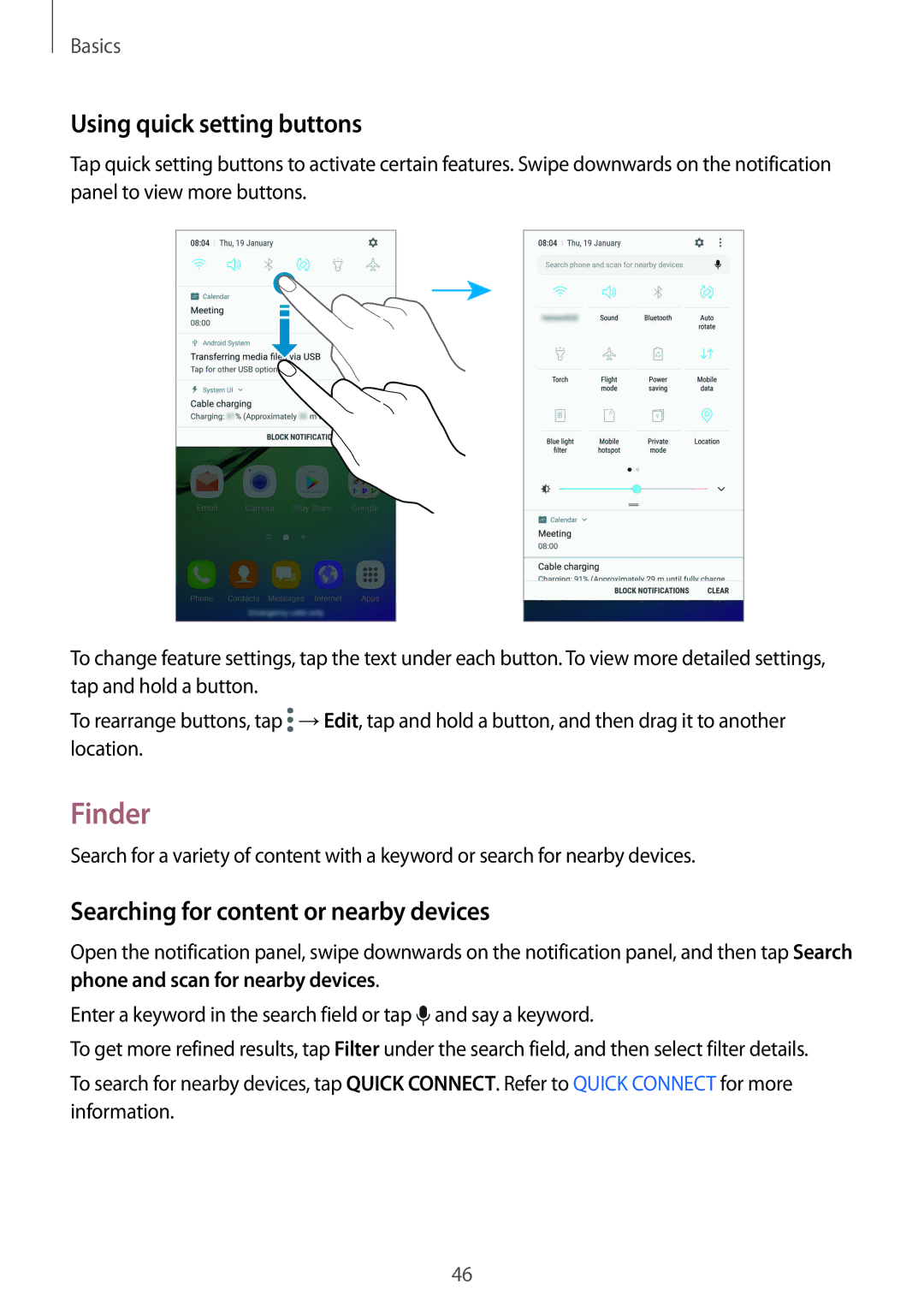 Samsung SM-G925FZKAPHE, SM-G925FZKADBT manual Finder, Using quick setting buttons, Searching for content or nearby devices 