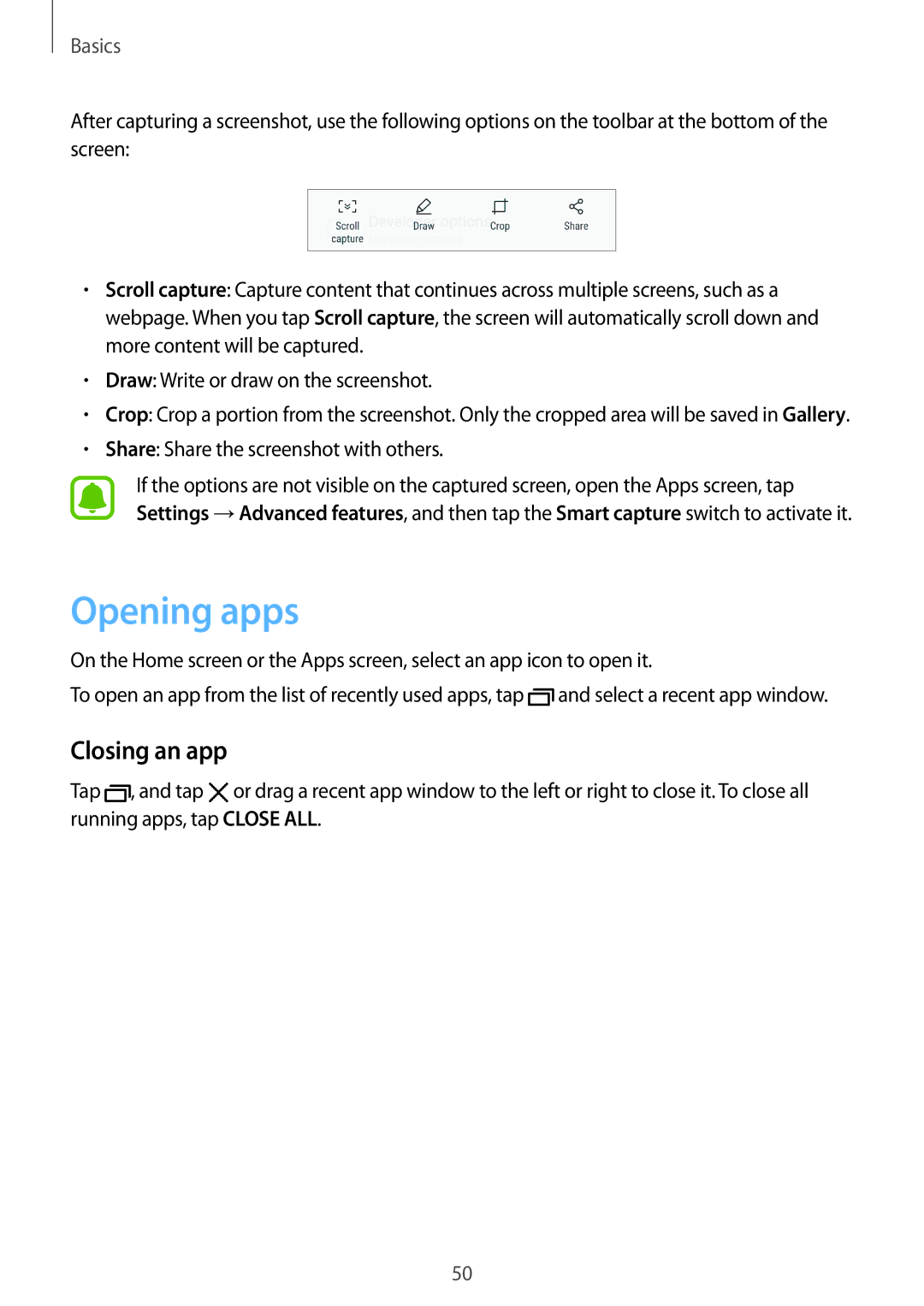 Samsung SM-G925FZKEPHE, SM-G925FZKADBT, SM-G925FZWEDBT, SM-G928FZKADBT, SM-G925FZDEDBT manual Opening apps, Closing an app 