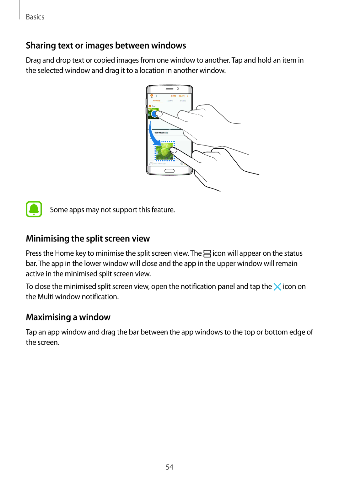 Samsung SM-G925XZKAKSA manual Sharing text or images between windows, Minimising the split screen view, Maximising a window 