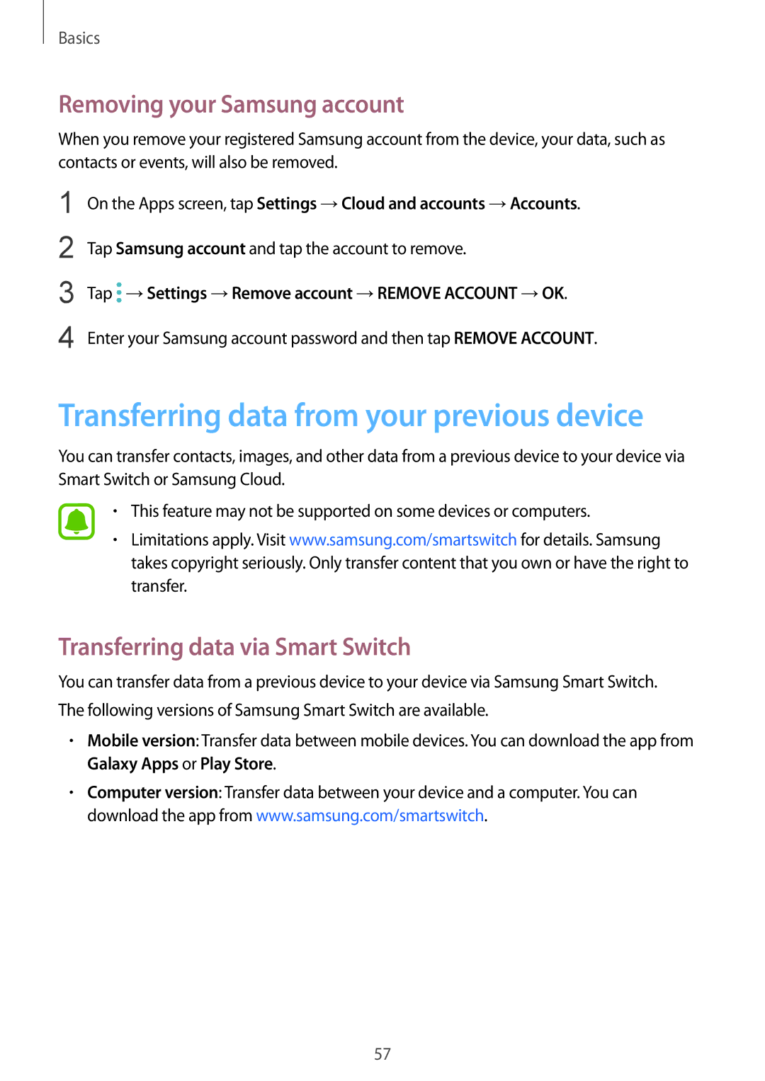 Samsung SM-G925FZKASEE, SM-G925FZKADBT manual Transferring data from your previous device, Removing your Samsung account 