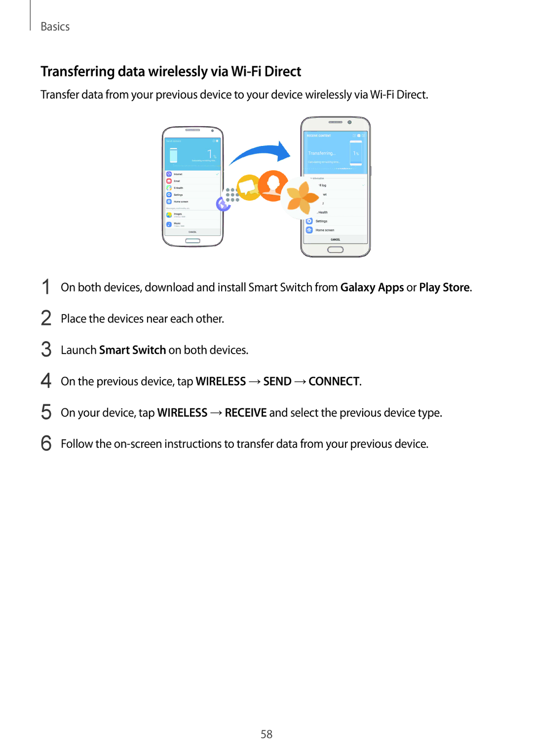 Samsung SM-G925XZDAKSA, SM-G925FZKADBT, SM-G925FZWEDBT, SM-G928FZKADBT manual Transferring data wirelessly via Wi-Fi Direct 