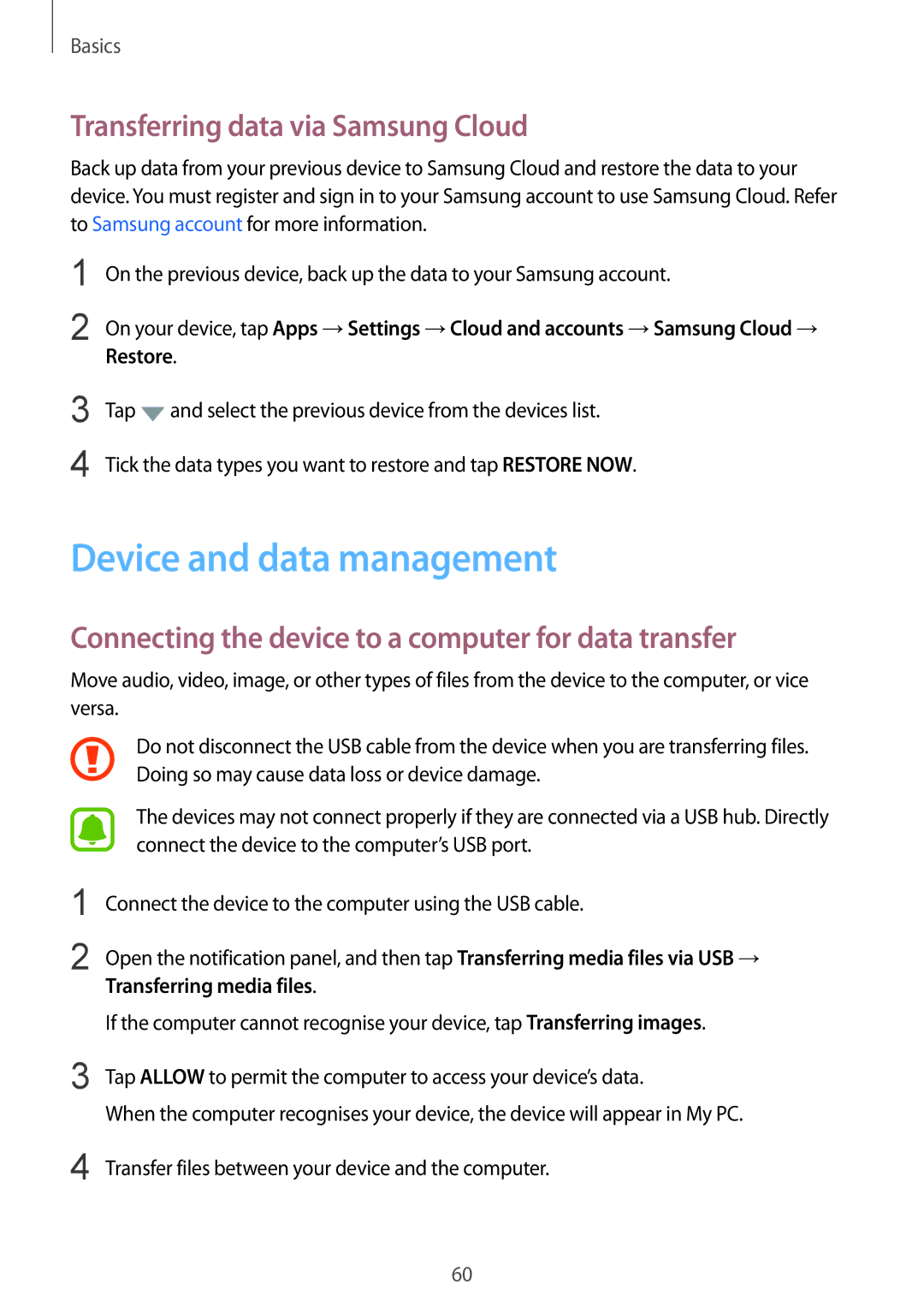 Samsung SM-G928CZSAKSA, SM-G925FZKADBT, SM-G925FZWEDBT manual Device and data management, Transferring data via Samsung Cloud 