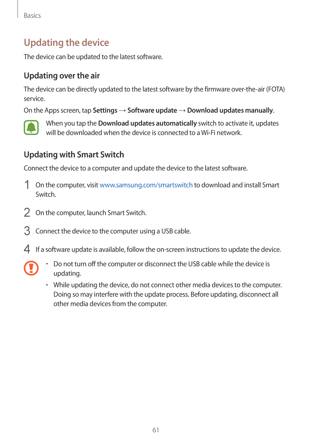 Samsung SM-G925IZDAKSA, SM-G925FZKADBT manual Updating the device, Updating over the air, Updating with Smart Switch 