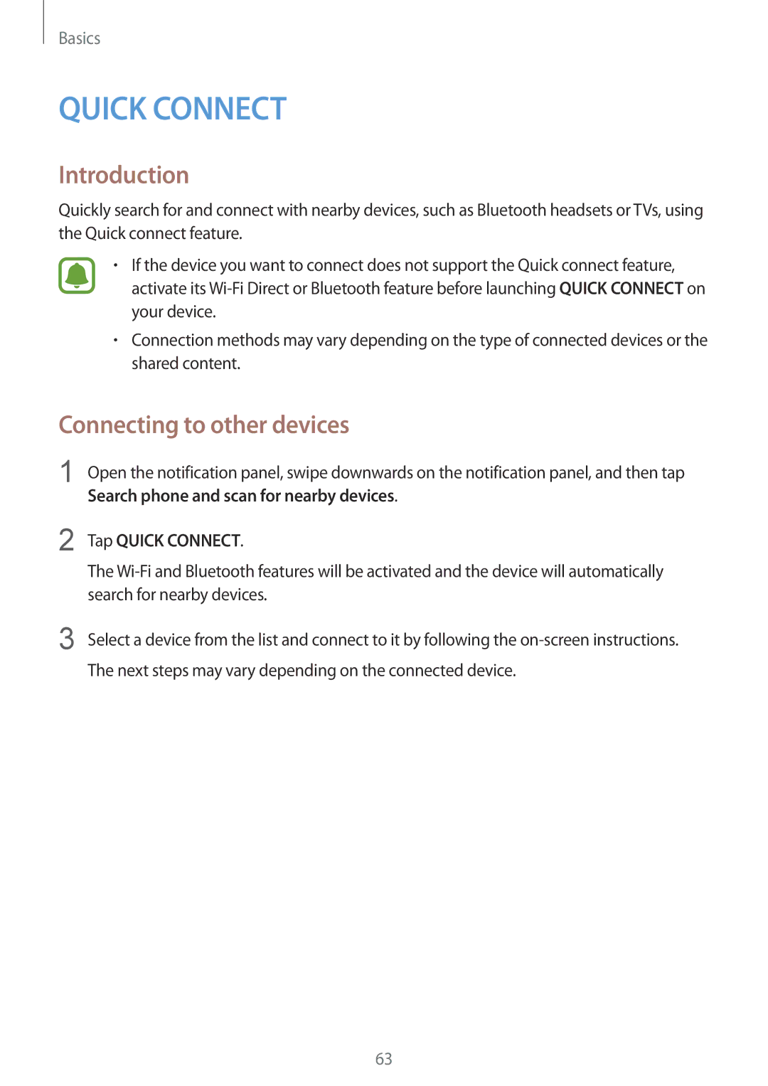 Samsung SM-G928CZKAKSA, SM-G925FZKADBT, SM-G925FZWEDBT, SM-G928FZKADBT manual Connecting to other devices, Tap Quick Connect 