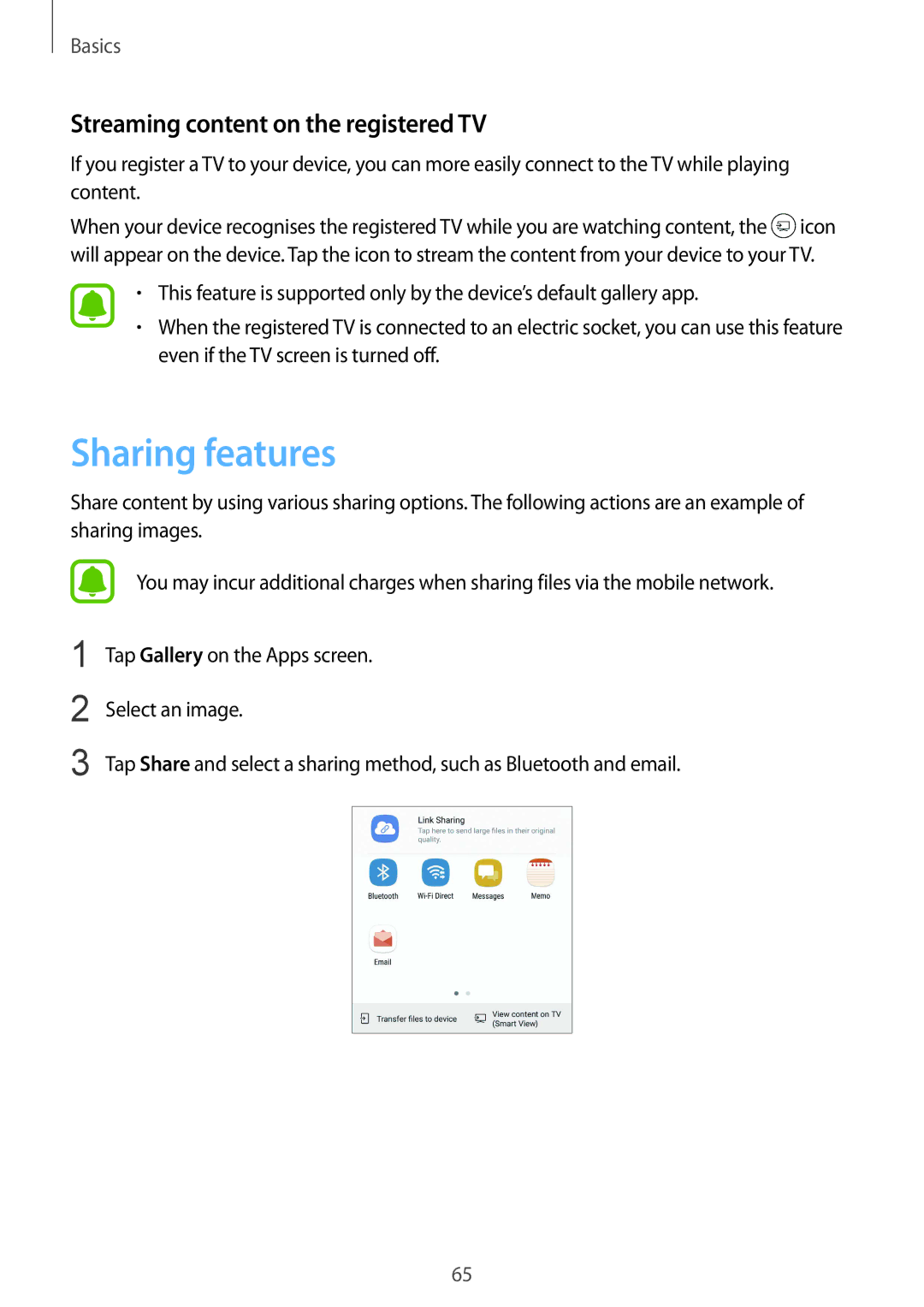 Samsung SM-G925FZWASEE, SM-G925FZKADBT, SM-G925FZWEDBT manual Sharing features, Streaming content on the registered TV 