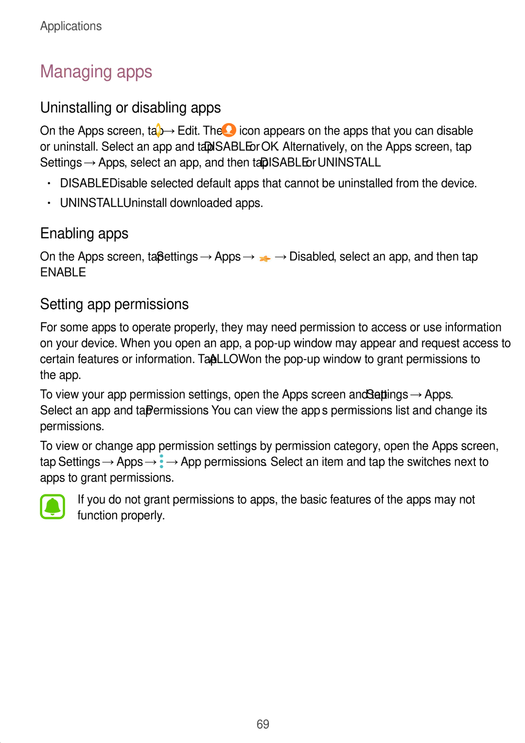 Samsung SM-G925FZDAXXV manual Managing apps, Uninstalling or disabling apps, Enabling apps, Setting app permissions 
