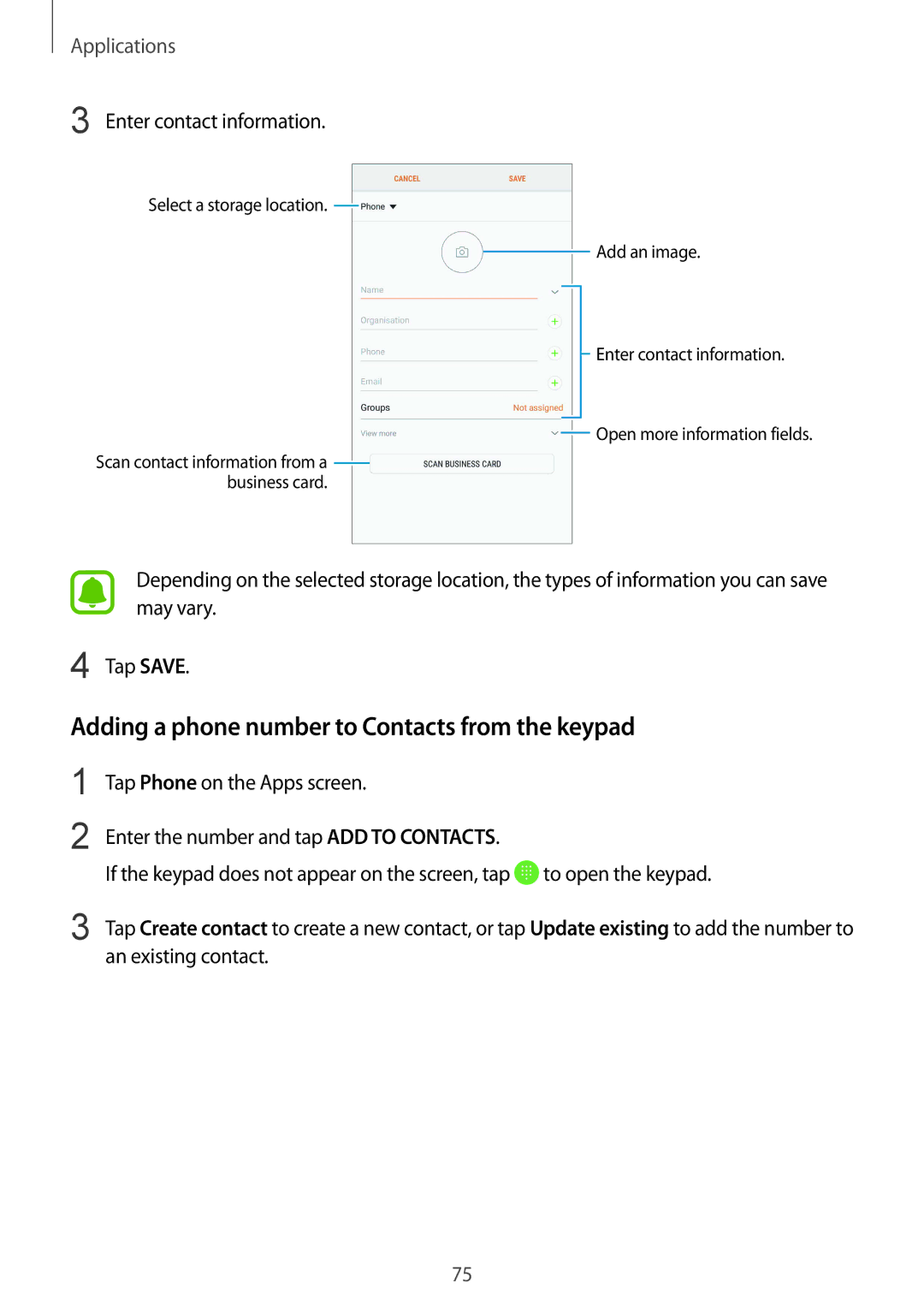 Samsung SM-G928FZSABGL, SM-G925FZKADBT manual Adding a phone number to Contacts from the keypad, Enter contact information 