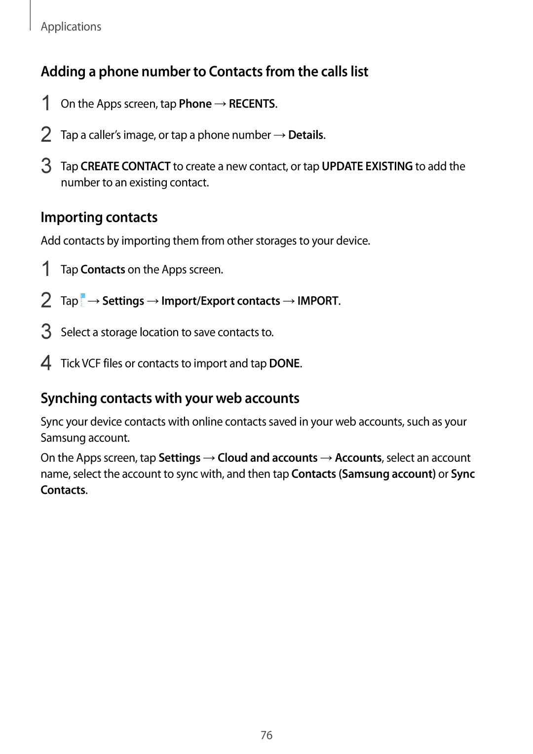 Samsung SM2G928FZSABGL, SM-G925FZKADBT manual Adding a phone number to Contacts from the calls list, Importing contacts 