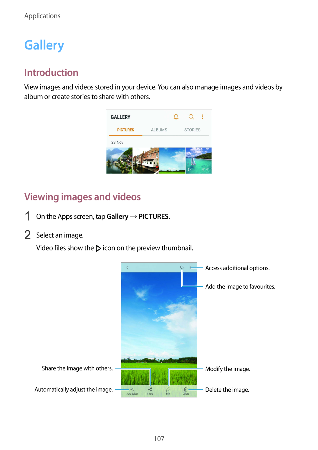 Samsung SM-G928FZKAATO, SM-G925FZKADBT, SM-G925FZWEDBT manual Gallery, Viewing images and videos, Introduction, Applications 