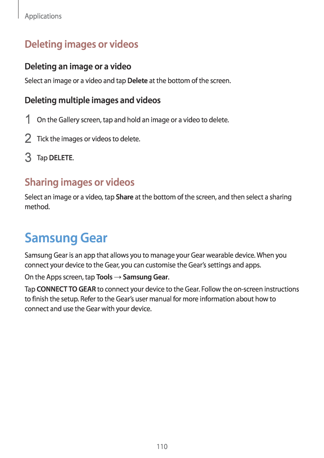 Samsung SM-G928FZKAPRT Samsung Gear, Deleting images or videos, Sharing images or videos, Deleting an image or a video 