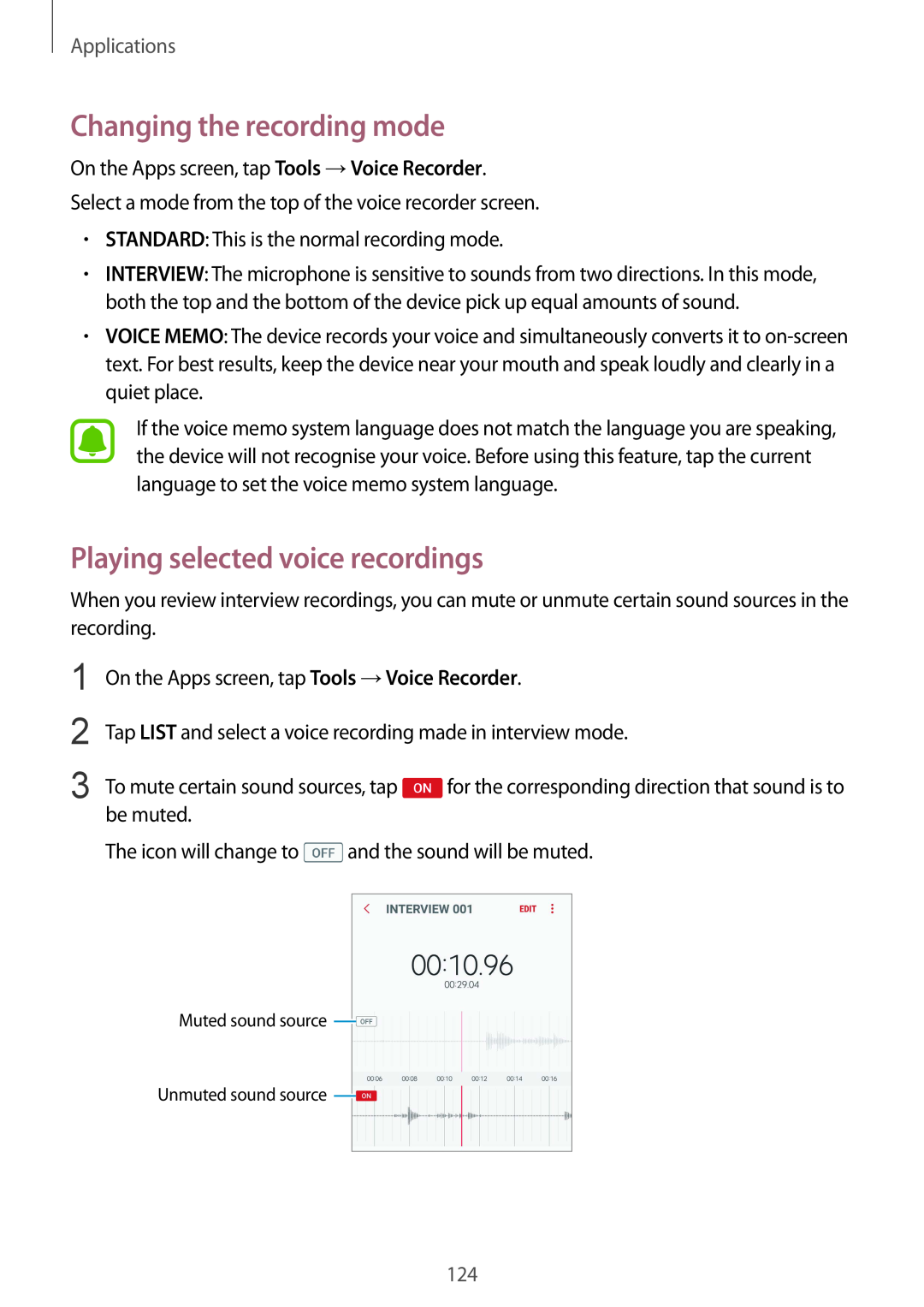 Samsung SM-G928FZDAATO, SM-G925FZKADBT manual Changing the recording mode, Playing selected voice recordings, Applications 
