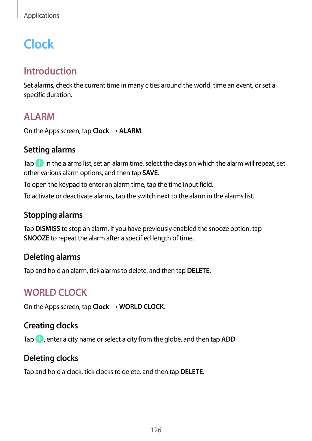 Samsung SM-G928FZKETMS manual Alarm, World Clock, Setting alarms, Stopping alarms, Deleting alarms, Creating clocks 