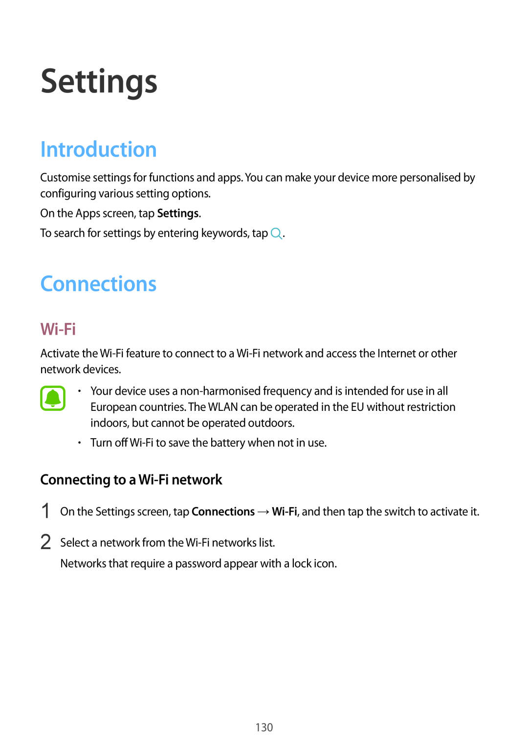 Samsung SM-G928FZDACYO, SM-G925FZKADBT manual Settings, Introduction, Connections, Connecting to a Wi-Fi network 