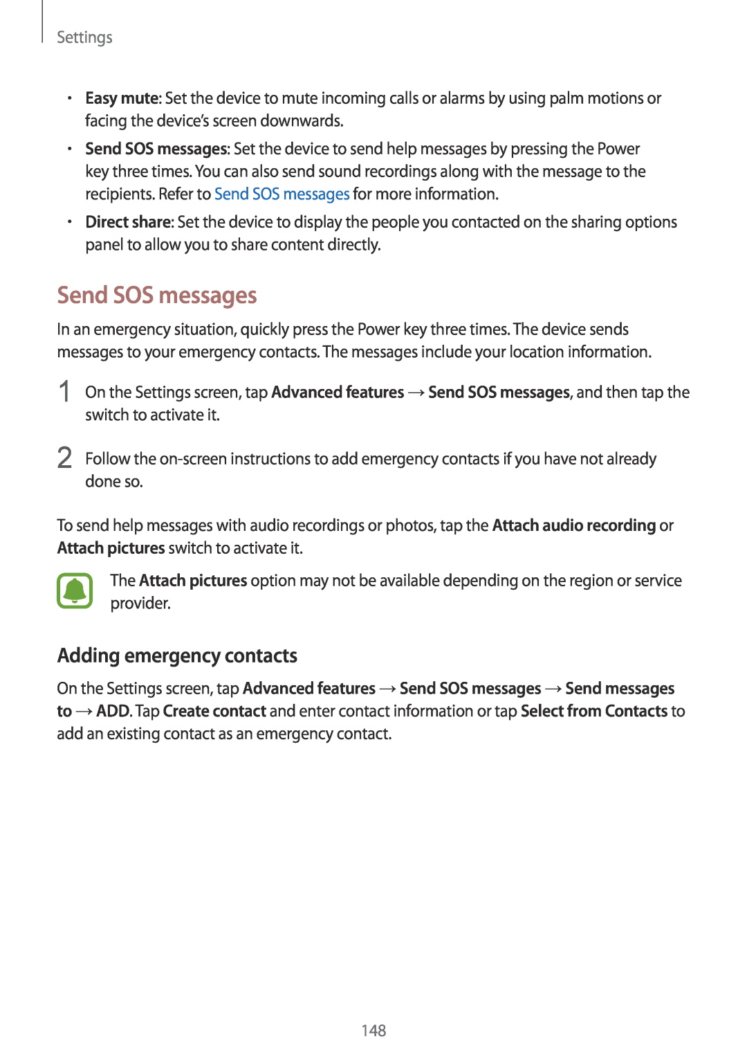 Samsung SM-G928FZDAORX, SM-G925FZKADBT, SM-G925FZWEDBT manual Send SOS messages, Adding emergency contacts, Settings 