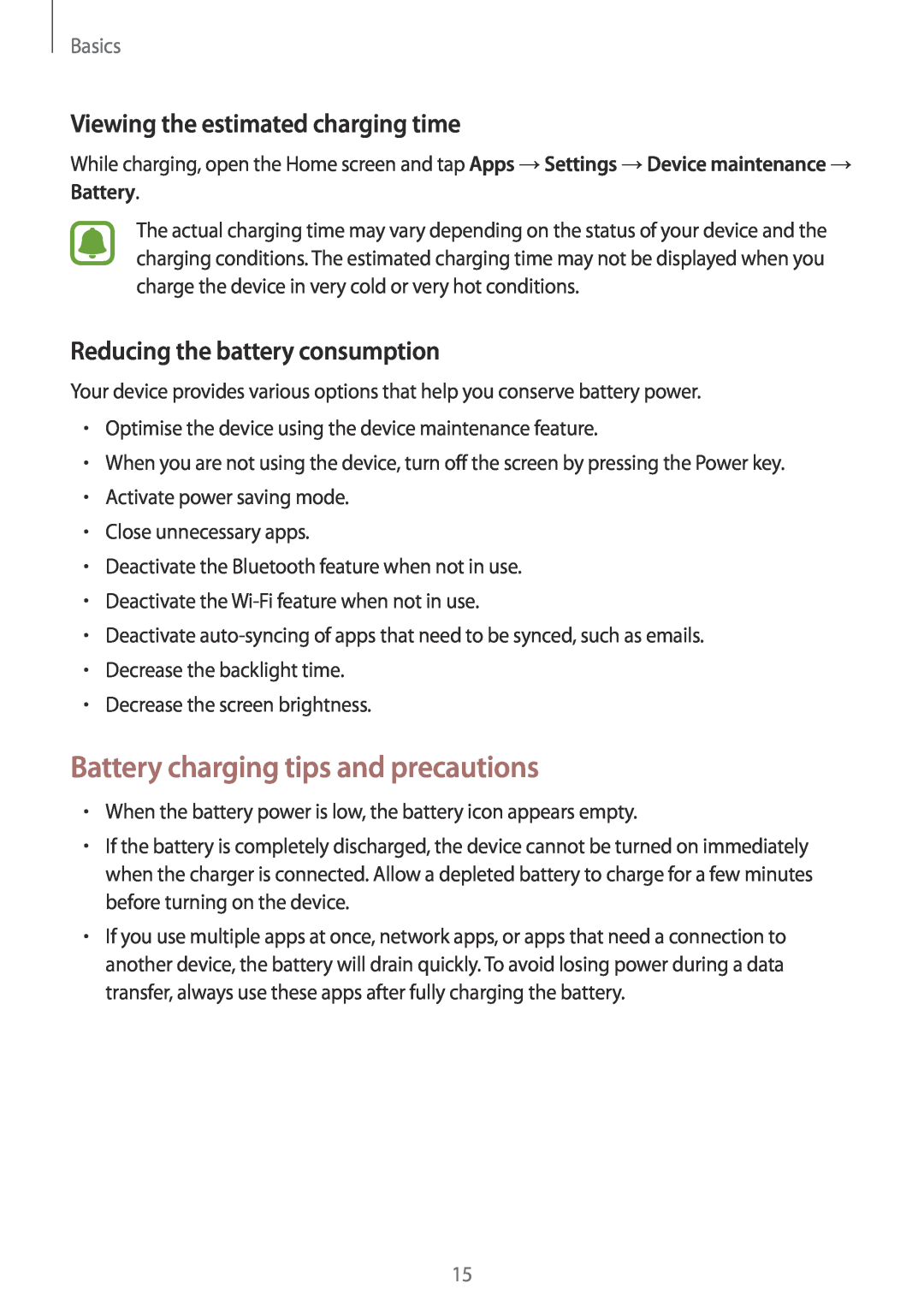 Samsung SM-G928FZKAXEF, SM-G925FZKADBT Battery charging tips and precautions, Viewing the estimated charging time, Basics 