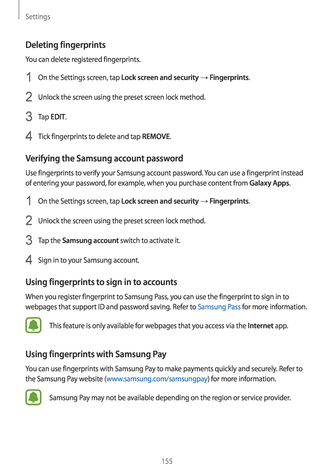 Samsung SM-G928FZSANEE Deleting fingerprints, Verifying the Samsung account password, Using fingerprints with Samsung Pay 