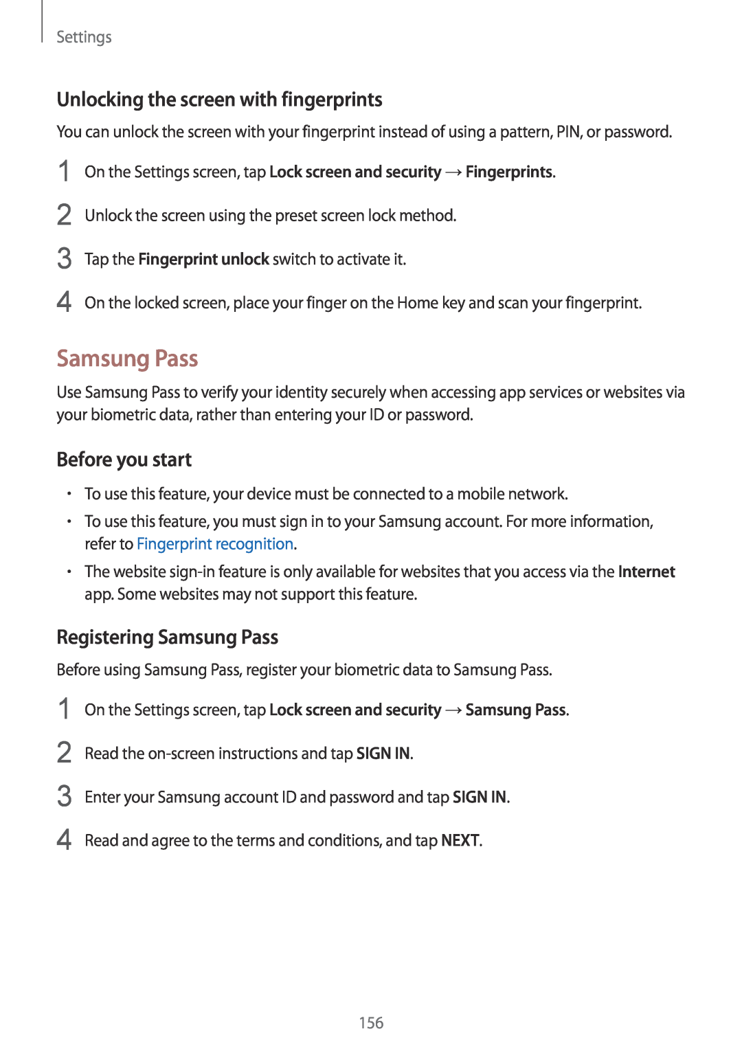 Samsung SM-G925FZWENEE Unlocking the screen with fingerprints, Registering Samsung Pass, Before you start, Settings 